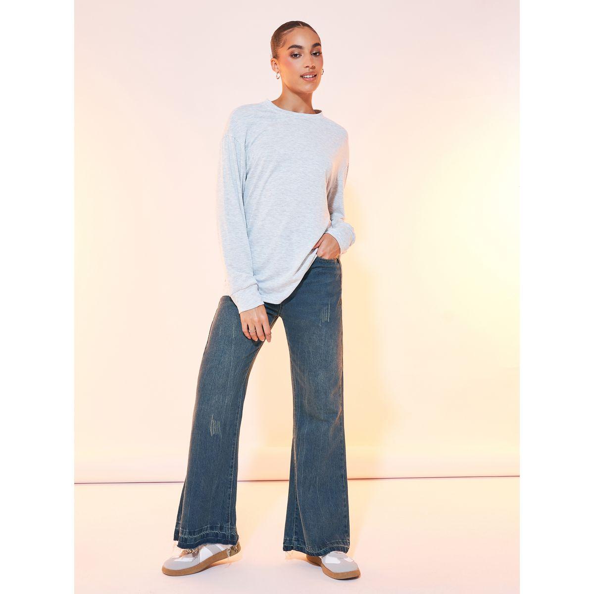 تيشيرت فضفاض بطبعة كتابة وأكمام طويلة-women-clothing-tshirts-image-3