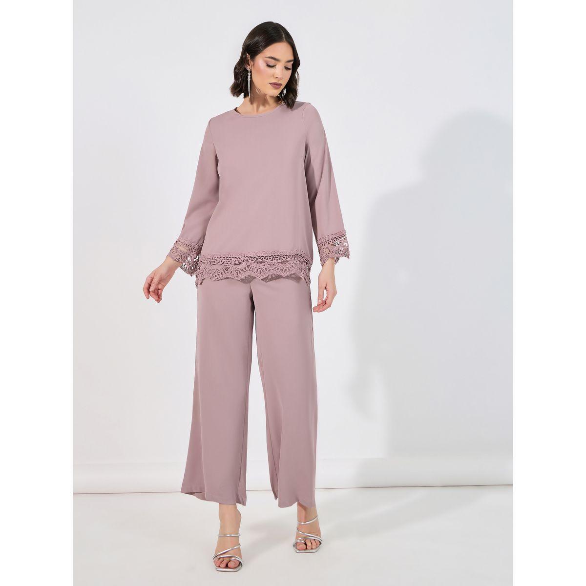 Amirah X Styli Lace Insert Top & Wide Leg Pants Modest Set-women-clothing-coordsets-image-1