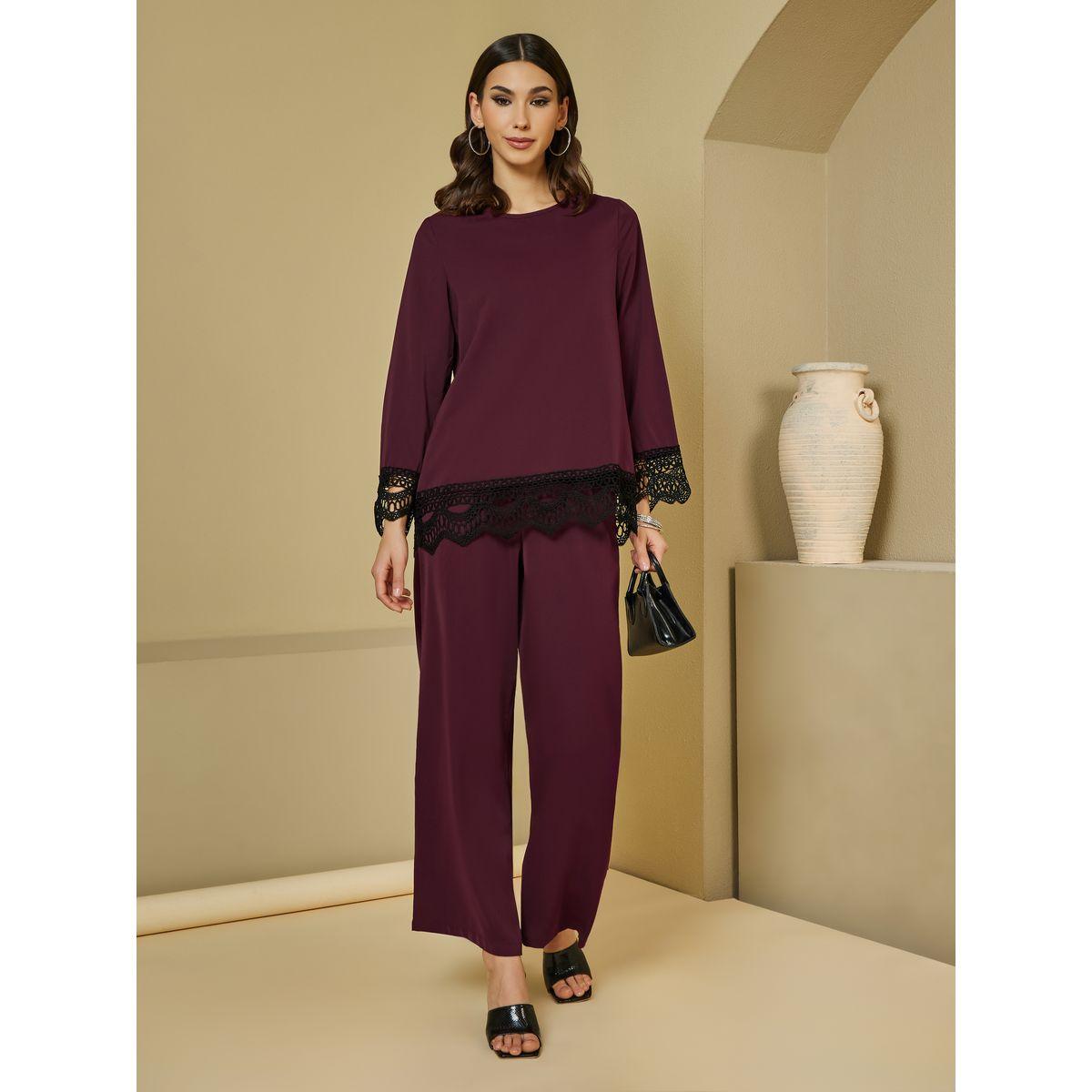 Styli Lace Insert Top & Wide Leg Pants Modest Set-women-clothing-coordsets-image-1