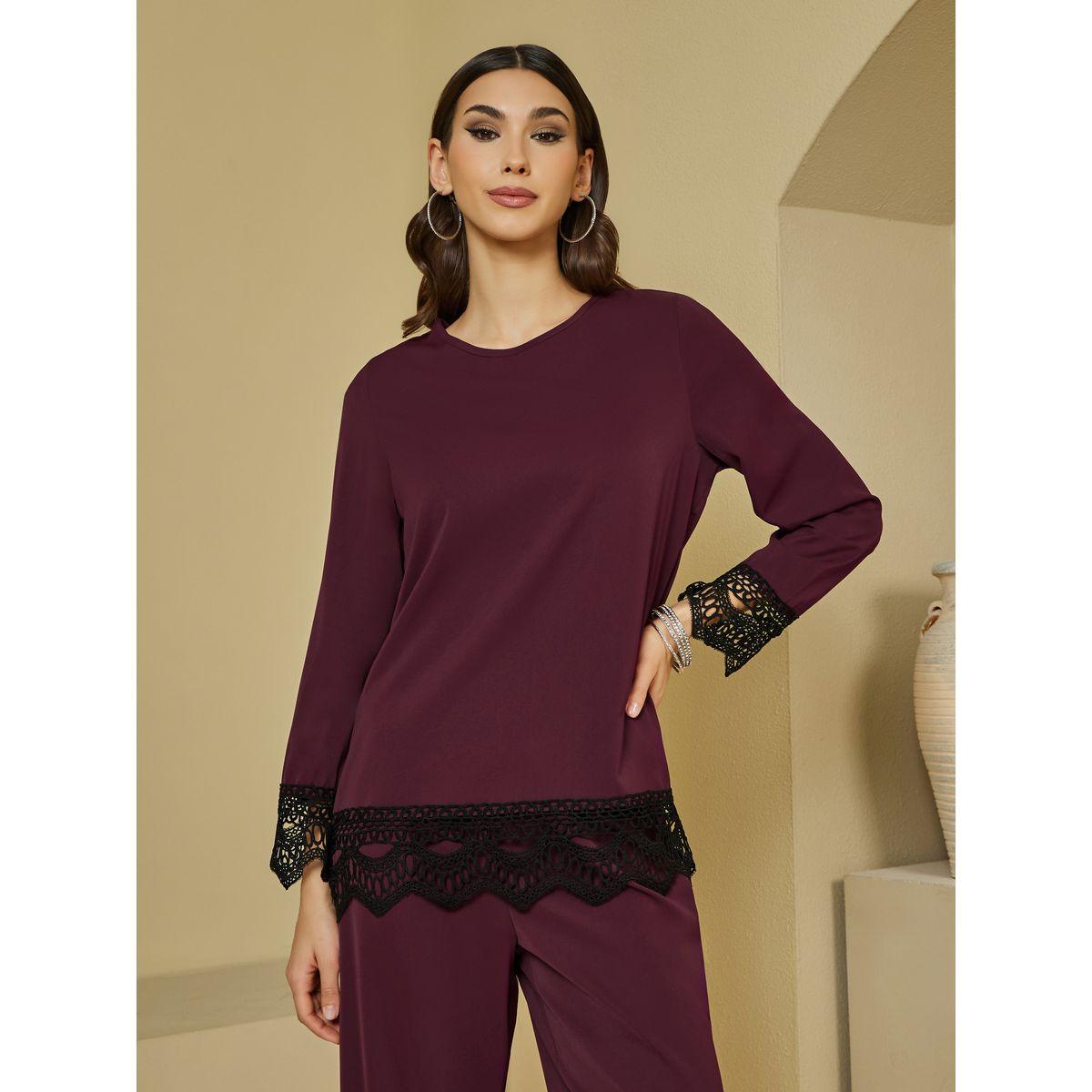 Styli Lace Insert Top & Wide Leg Pants Modest Set-women-clothing-coordsets-image-2