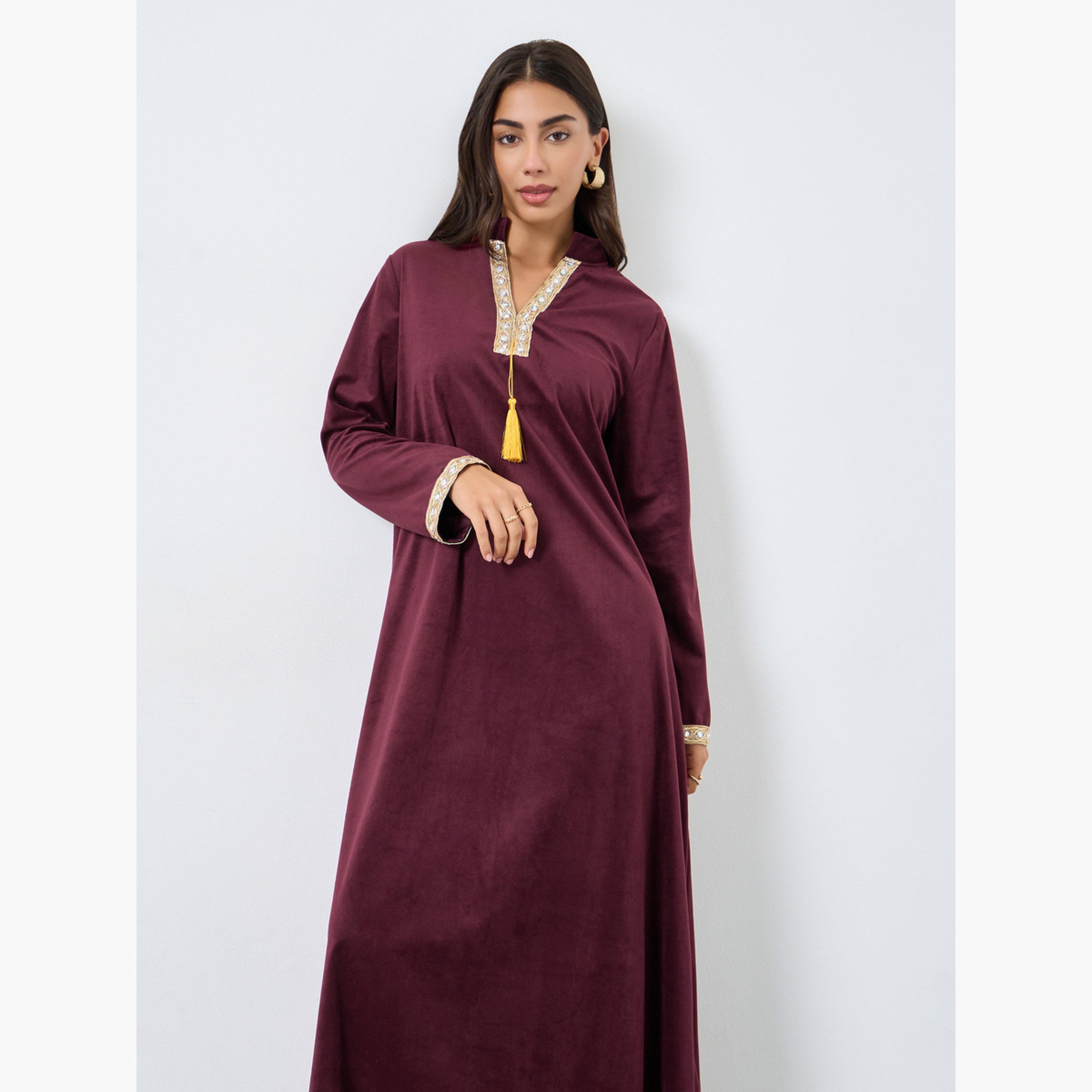 أميرة x ستايلي جلابية بمظهر مخملي مع تفاصيل دانتيل-women-arabicclothing-jalabiyas-image-3