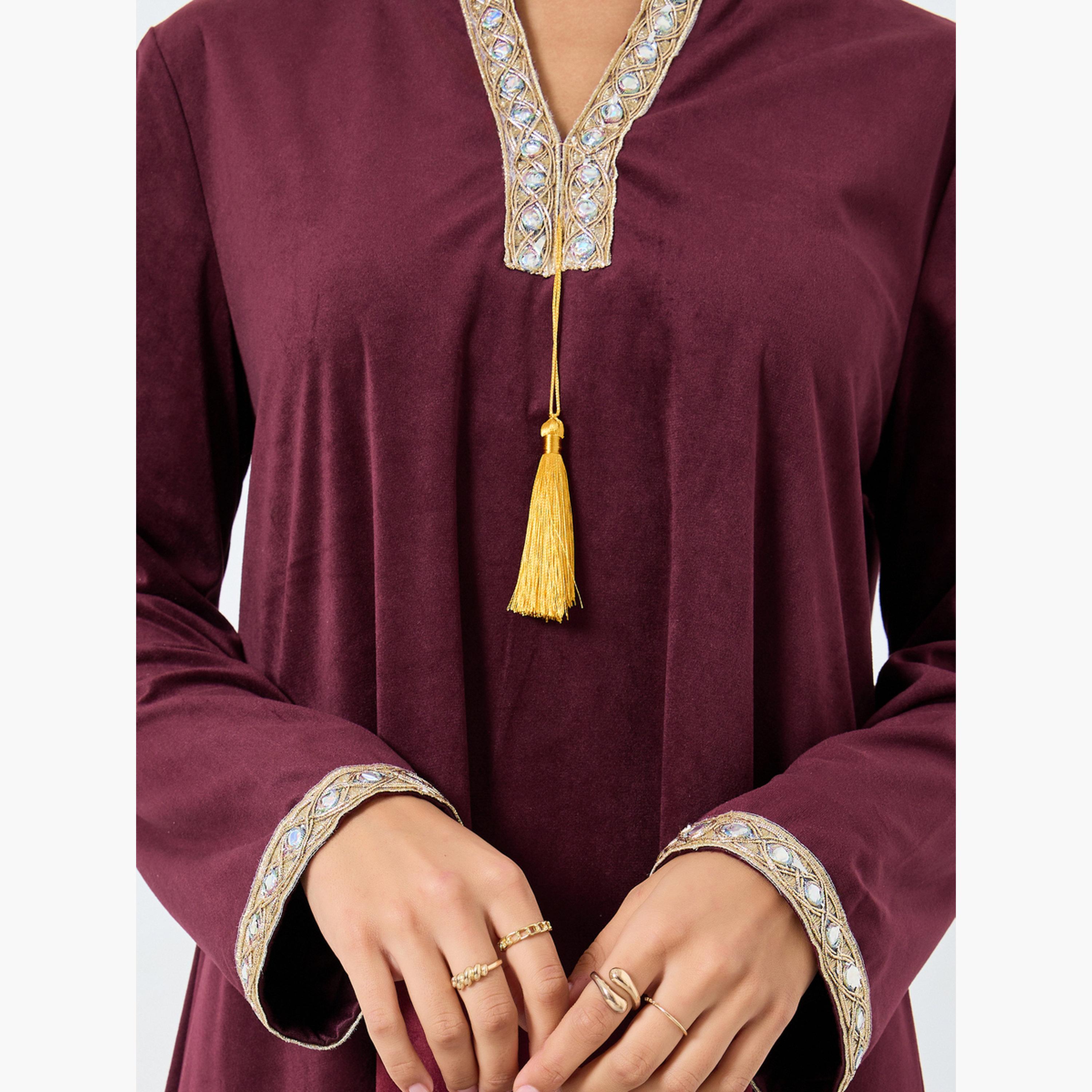 أميرة x ستايلي جلابية بمظهر مخملي مع تفاصيل دانتيل-women-arabicclothing-jalabiyas-image-4