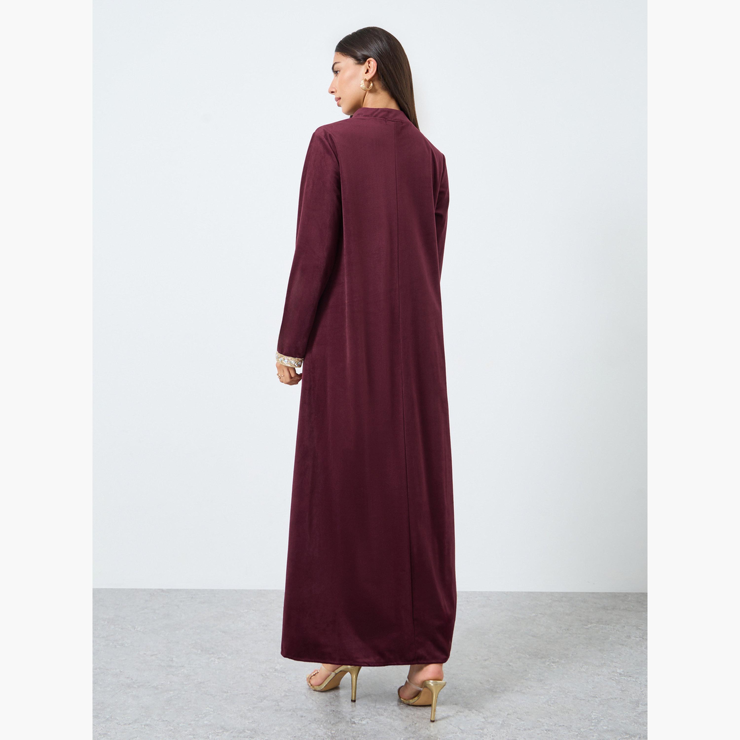 Amirah X Styli Velvet Look Jalabiya with Lace Trim-women-arabicclothing-jalabiyas-image-5