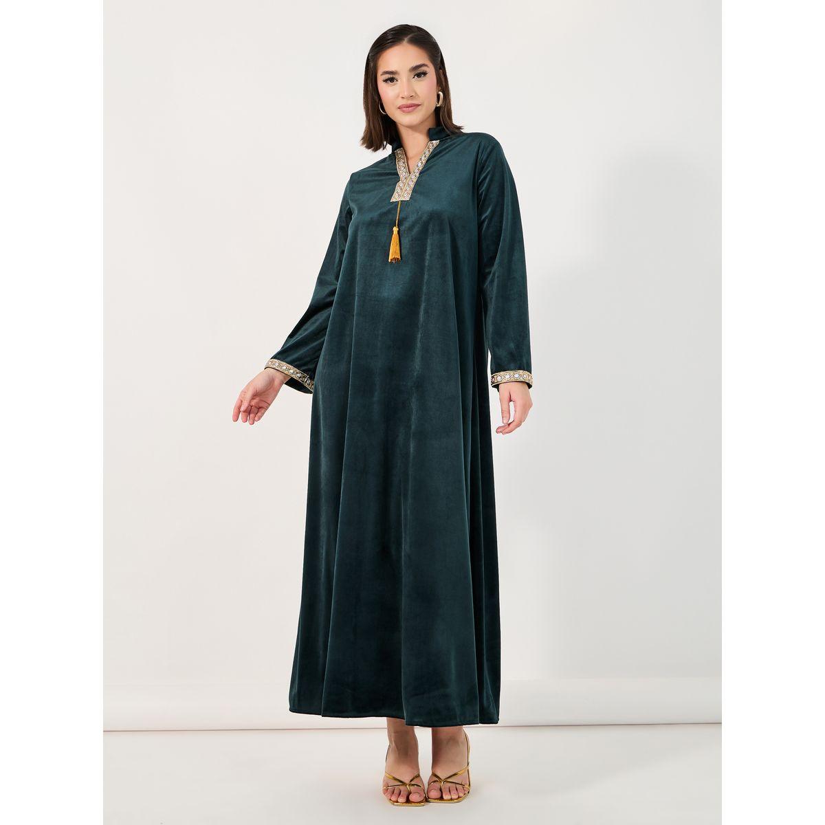 Styli Velvet Look Jalabiya with Lace Trim-women-arabicclothing-jalabiyas-image-2