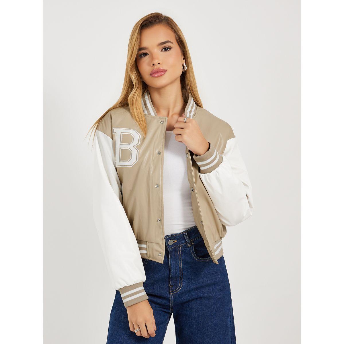 Styli Regular Fit Leather Look Varsity Bomber Jacket-women-winterwear-coatsandjackets-jackets-image-1