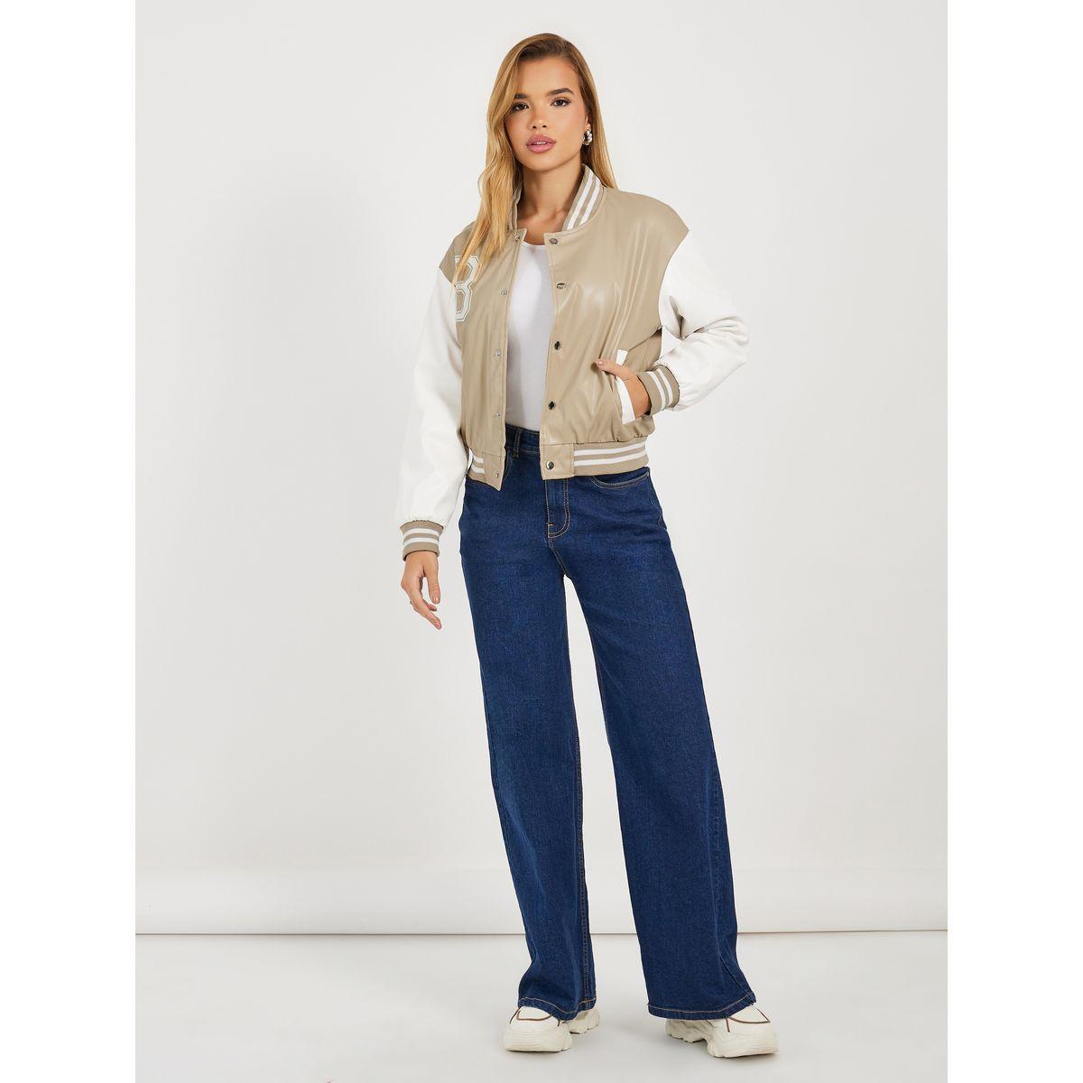 Styli Regular Fit Leather Look Varsity Bomber Jacket-women-winterwear-coatsandjackets-jackets-image-2