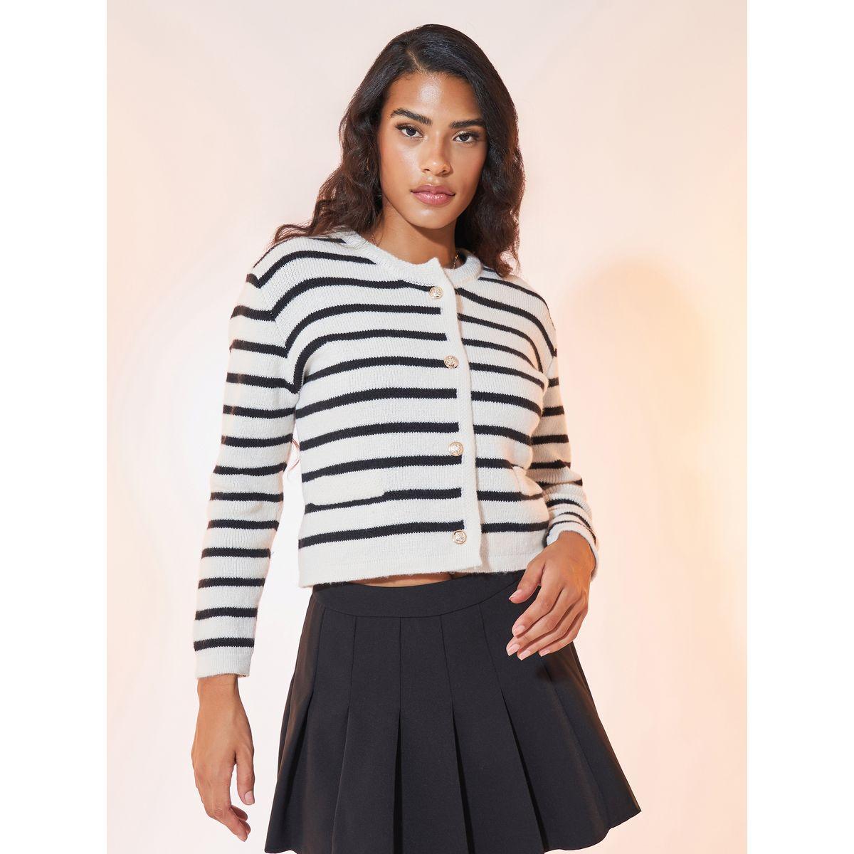 Styli Striped Long Sleeve Cardigan-women-winterwear-cardigansandjumpers-cardigans-image-1