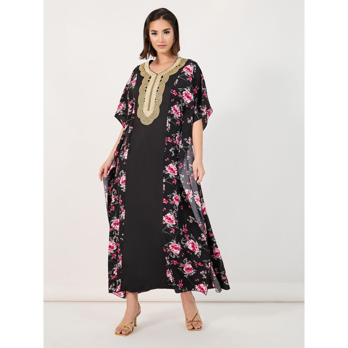 Styli Color Block Printed Kaftan with Lace Patch-women-arabicclothing-kaftan-image-1