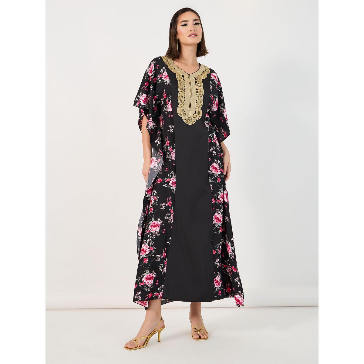 Styli Color Block Printed Kaftan with Lace Patch-women-arabicclothing-kaftan-image-4