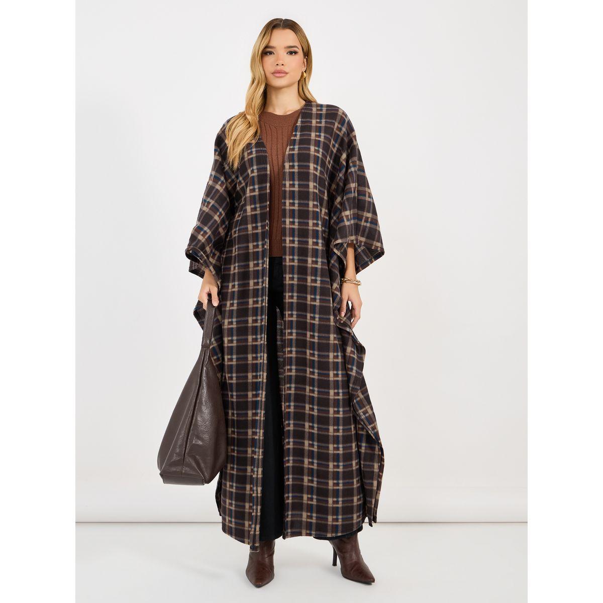 Styli Checked Pattern Wool Like Winter Cape Abaya-women-arabicclothing-abayas-image-1