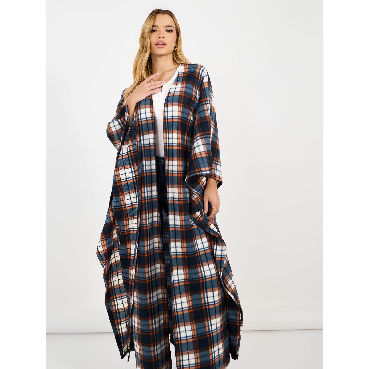 Styli Checked Pattern Wool Like Winter Cape Abaya-women-arabicclothing-abayas-image-3