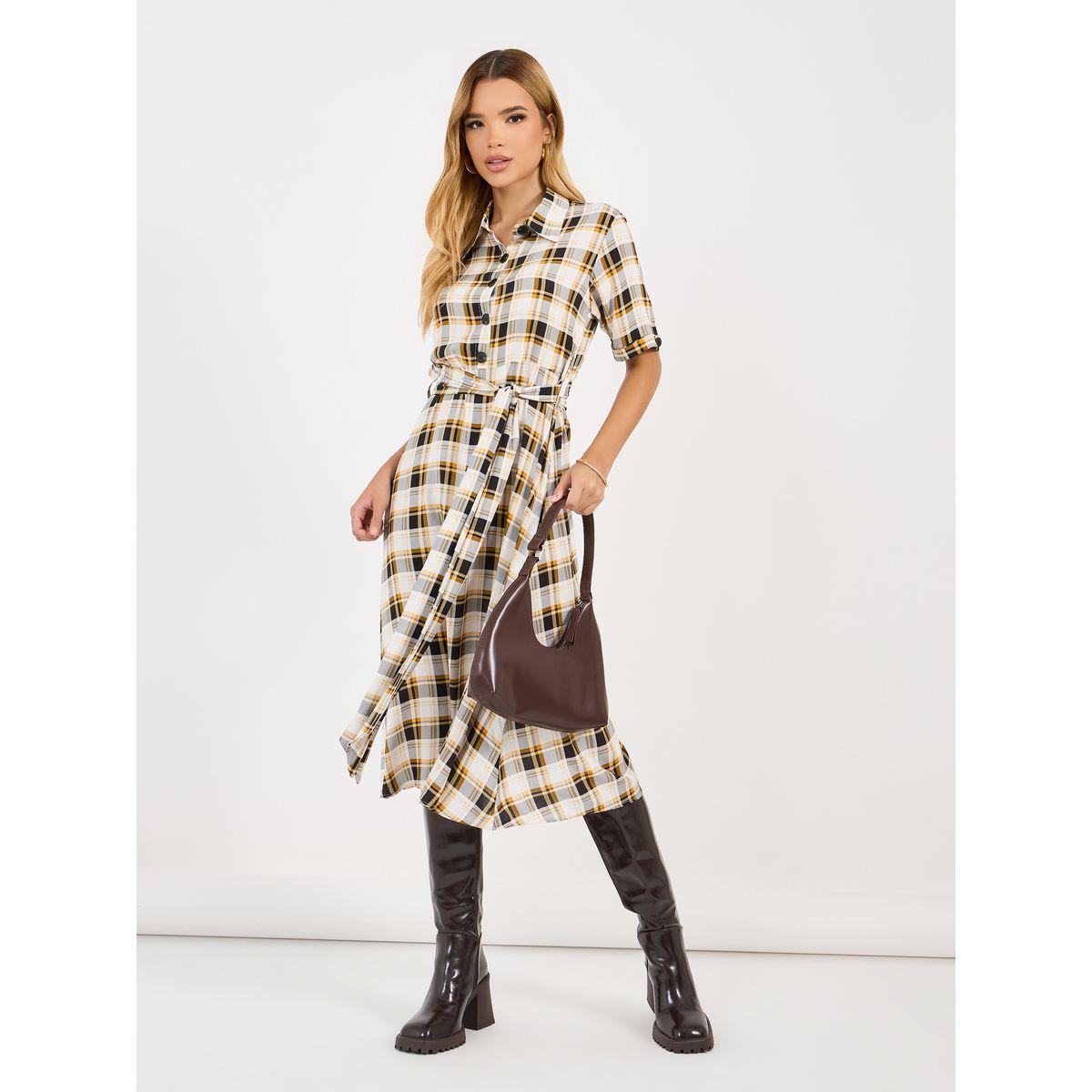 فستان ميدي بطبعة مربعات وحزام خصر-women-clothing-dresses-image-1