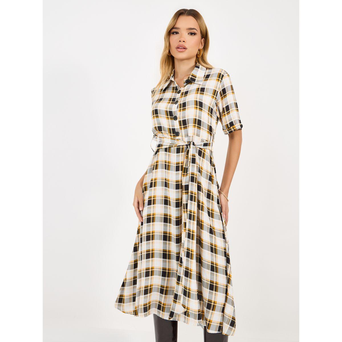 Styli Checked Shirt Midi Dress with Tie Belt-women-clothing-dresses-image-2