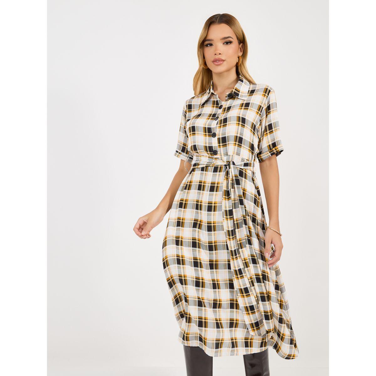 فستان ميدي بطبعة مربعات وحزام خصر-women-clothing-dresses-image-5