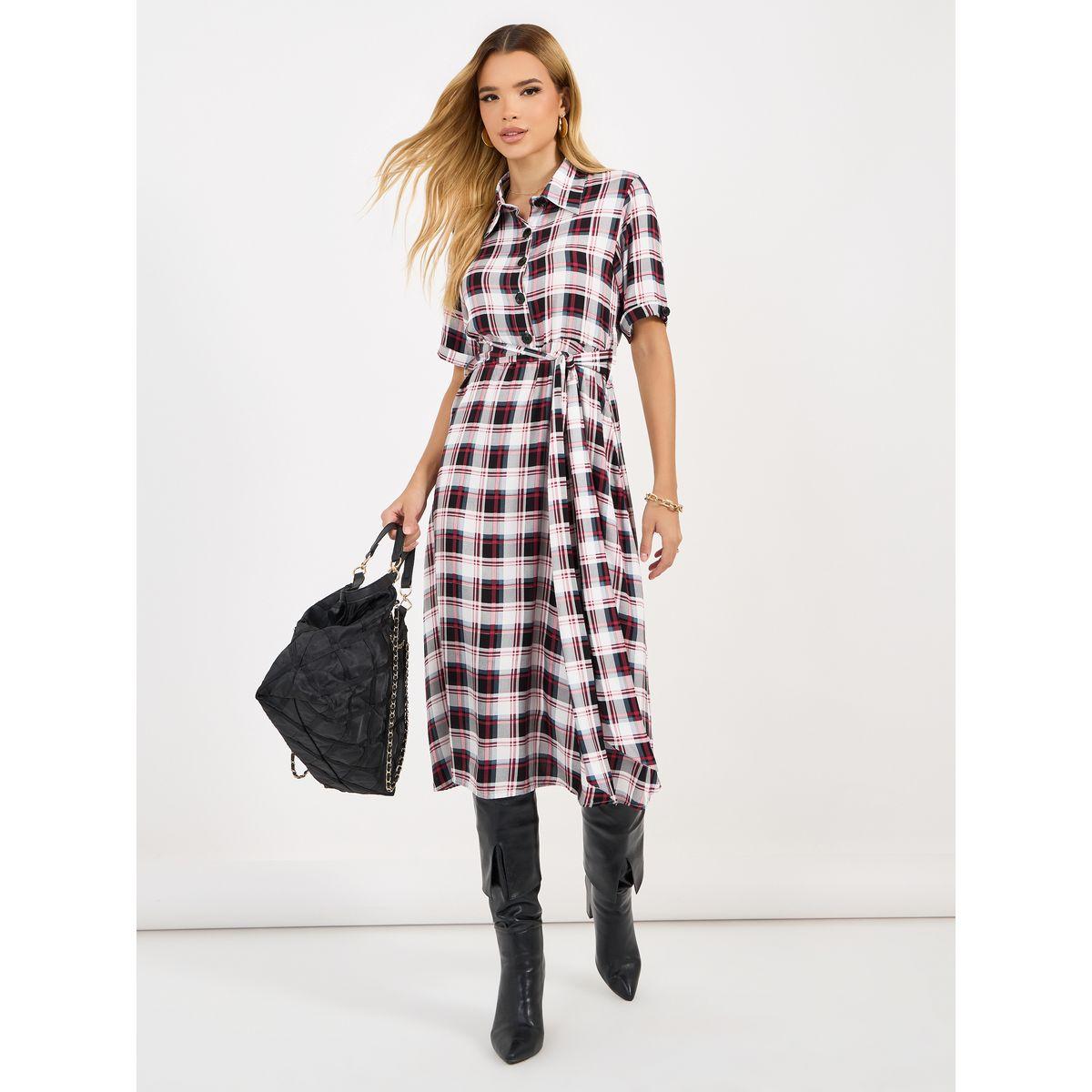 فستان ميدي بطبعة مربعات وحزام خصر-women-clothing-dresses-image-1