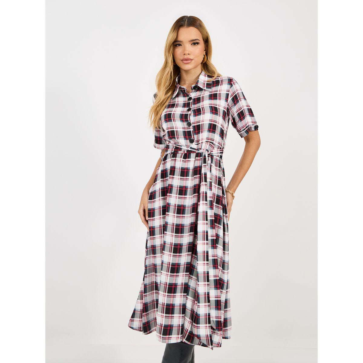 فستان ميدي بطبعة مربعات وحزام خصر-women-clothing-dresses-image-2