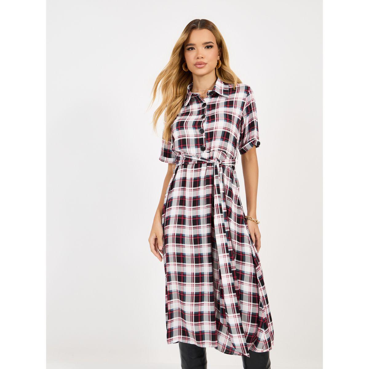 Styli Checked Shirt Midi Dress with Tie Belt-women-clothing-dresses-image-5