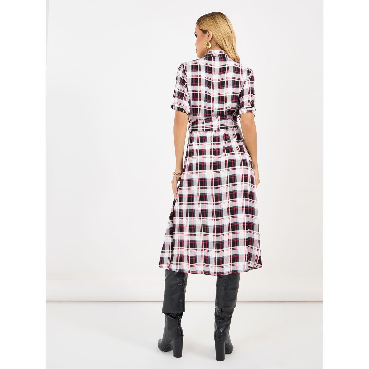 Styli Checked Shirt Midi Dress with Tie Belt-women-clothing-dresses-image-6