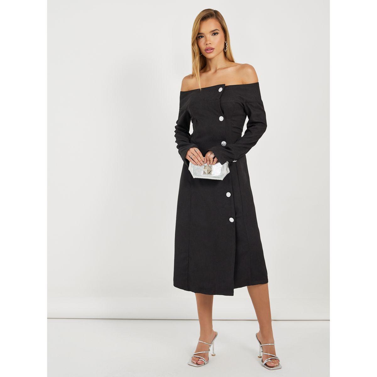 Styli Off Shoulder Neck Contrast Button Blazer Midi Dress-women-clothing-dresses-image-1