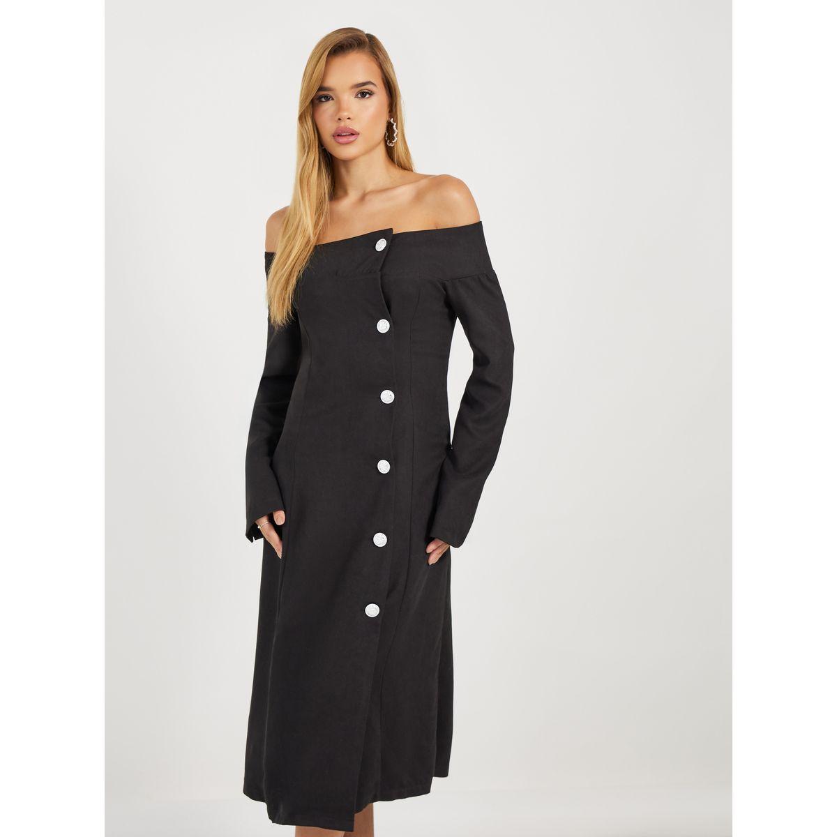 Styli Off Shoulder Neck Contrast Button Blazer Midi Dress-women-clothing-dresses-image-2