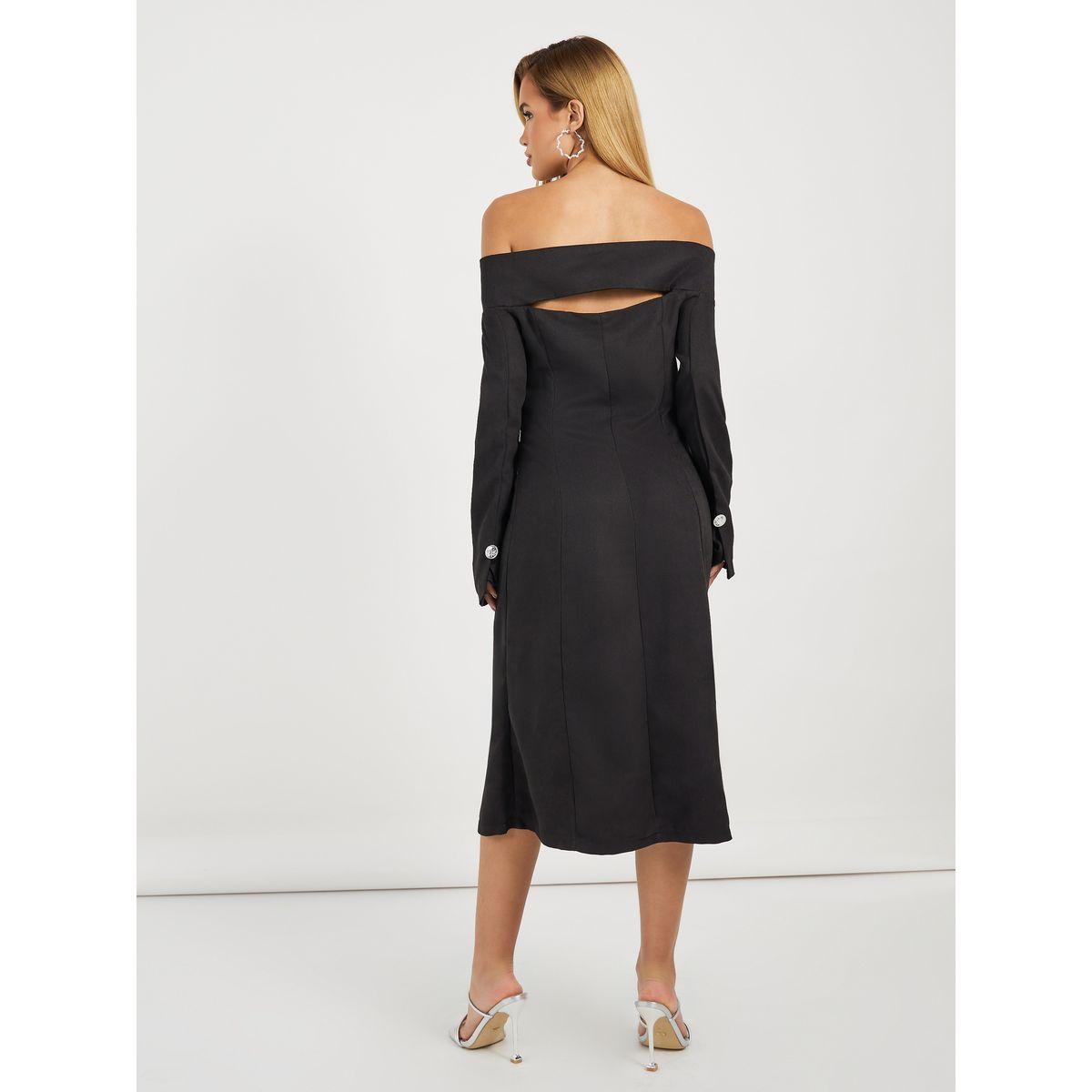 Styli Off Shoulder Neck Contrast Button Blazer Midi Dress-women-clothing-dresses-image-4