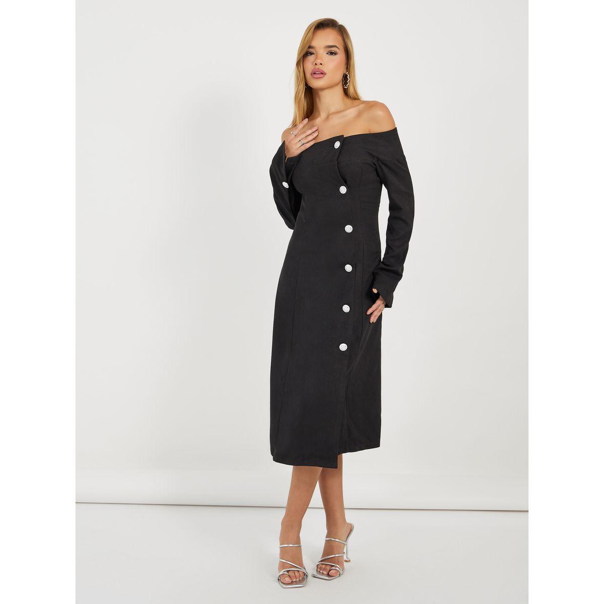 Styli Off Shoulder Neck Contrast Button Blazer Midi Dress-women-clothing-dresses-image-5