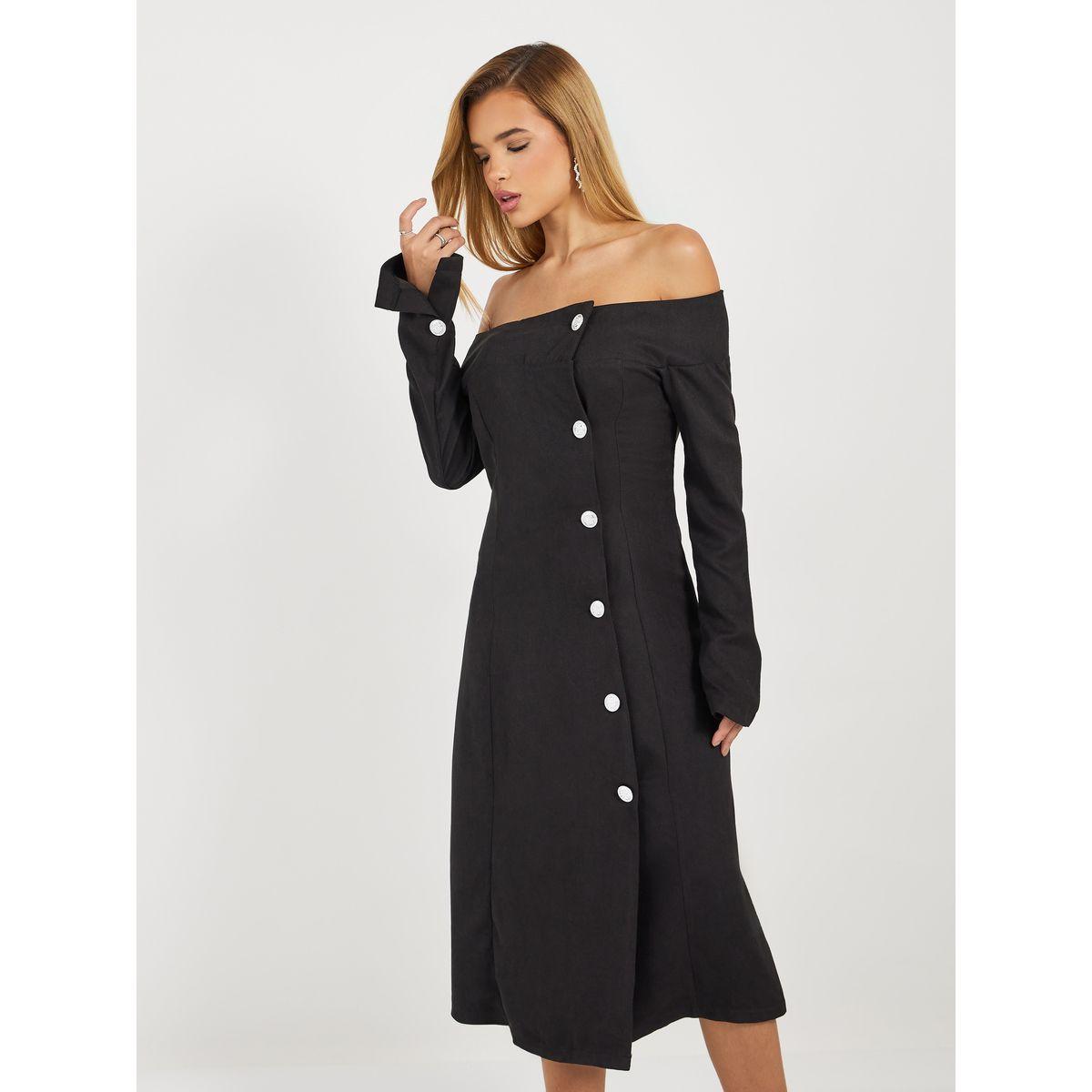 Styli Off Shoulder Neck Contrast Button Blazer Midi Dress-women-clothing-dresses-image-6