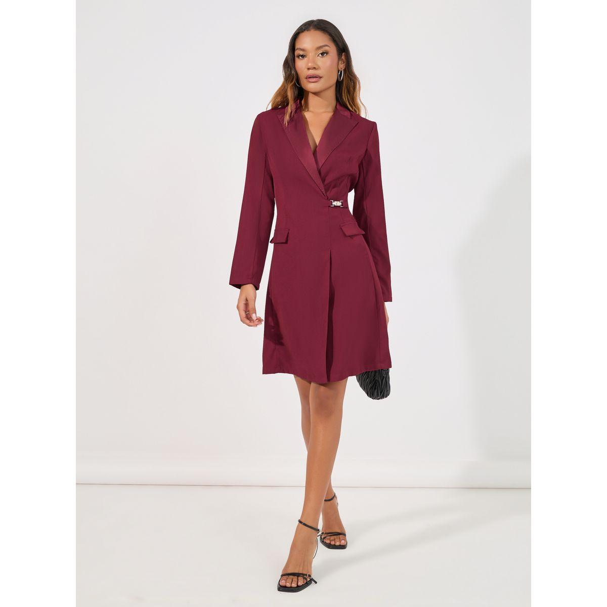 Styli Lapel Collar Buckle Detail Blazer Knee Length Dress-women-clothing-dresses-image-2