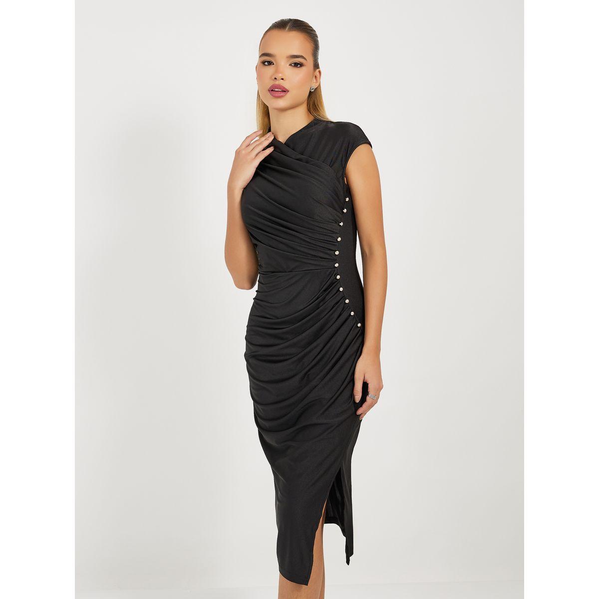 Styli Pleated Bodycon Midi Dress with Button Accent-women-clothing-dresses-image-6