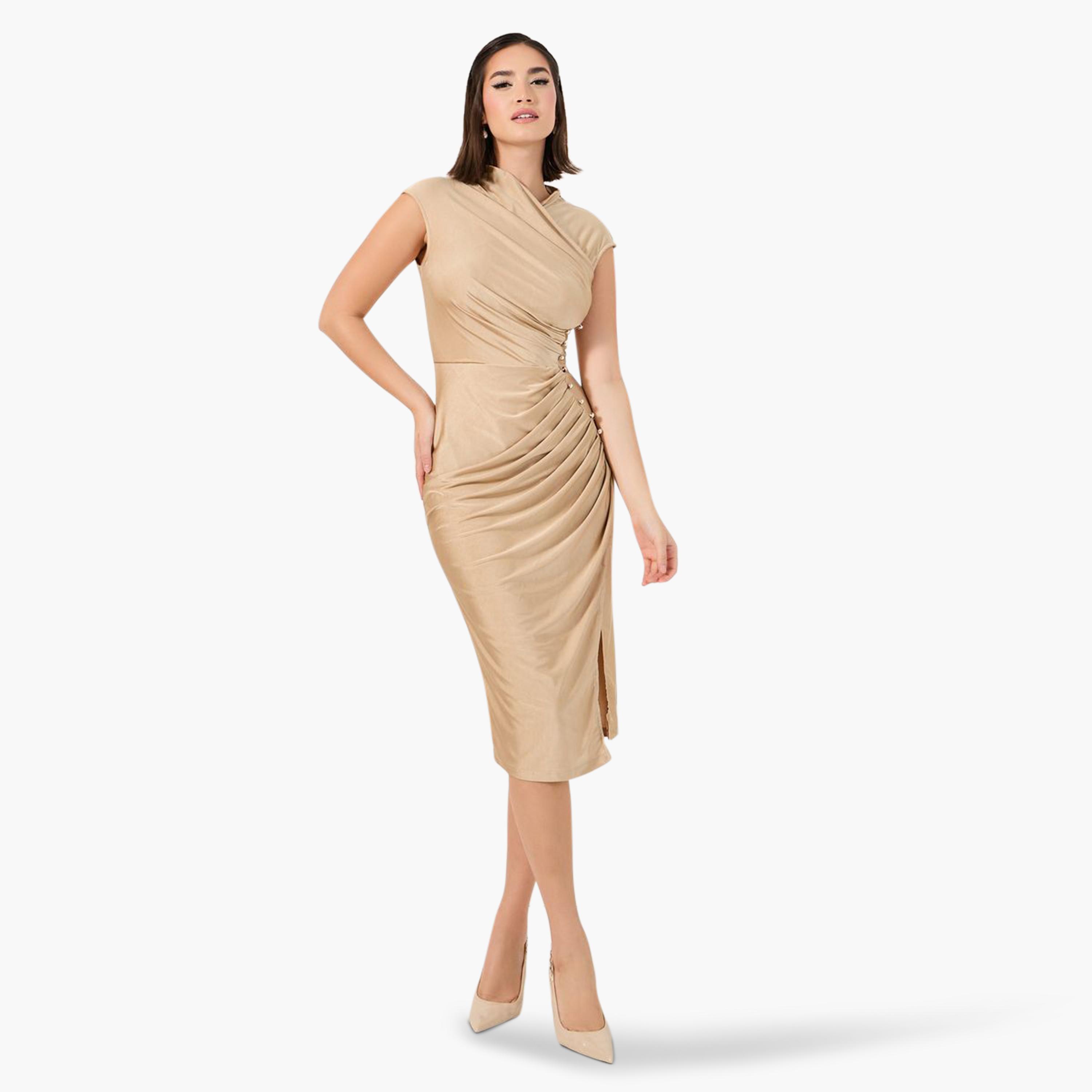 Styli Pleated Bodycon Midi Dress with Button Accent-women-clothing-dresses-image-1