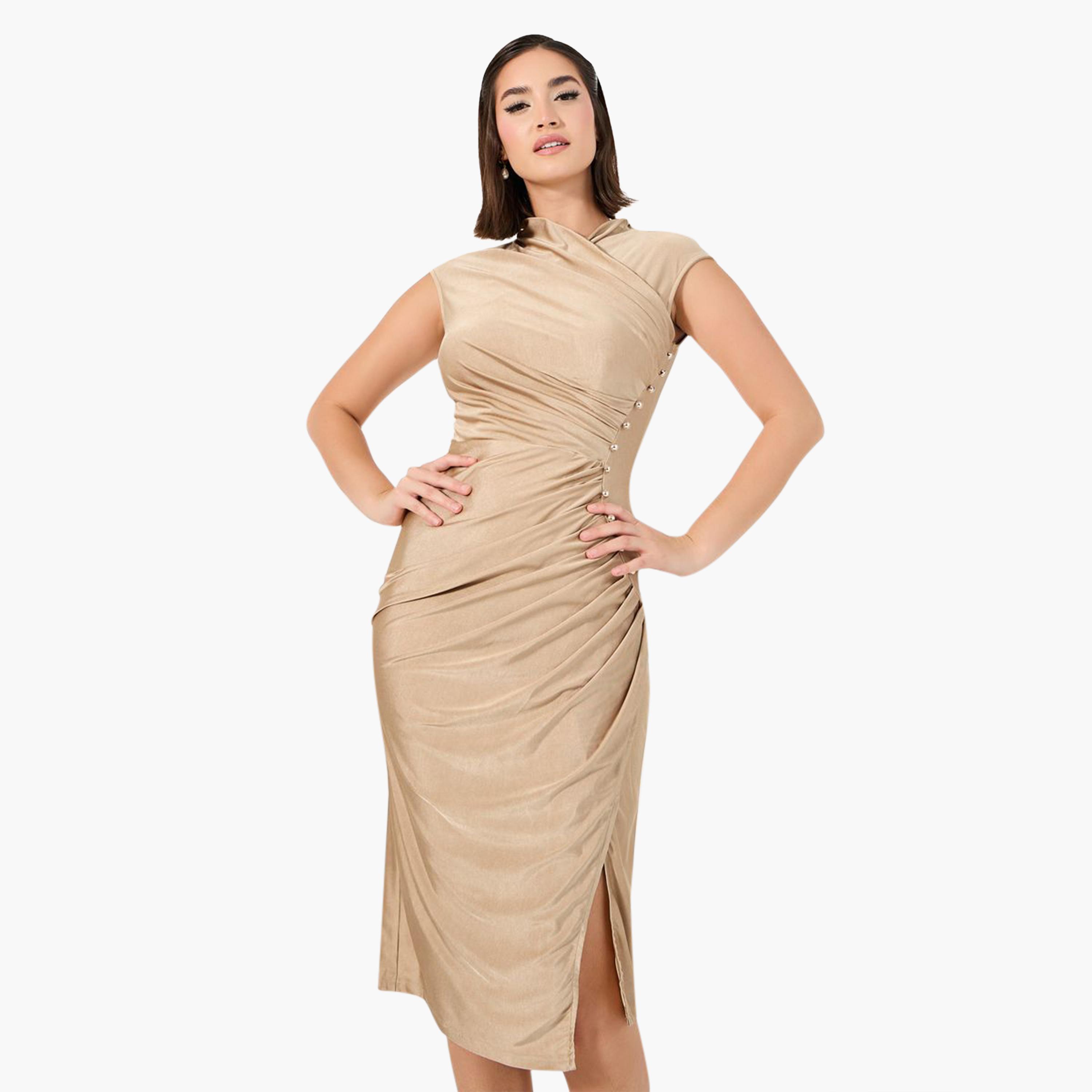 Styli Pleated Bodycon Midi Dress with Button Accent-women-clothing-dresses-image-2