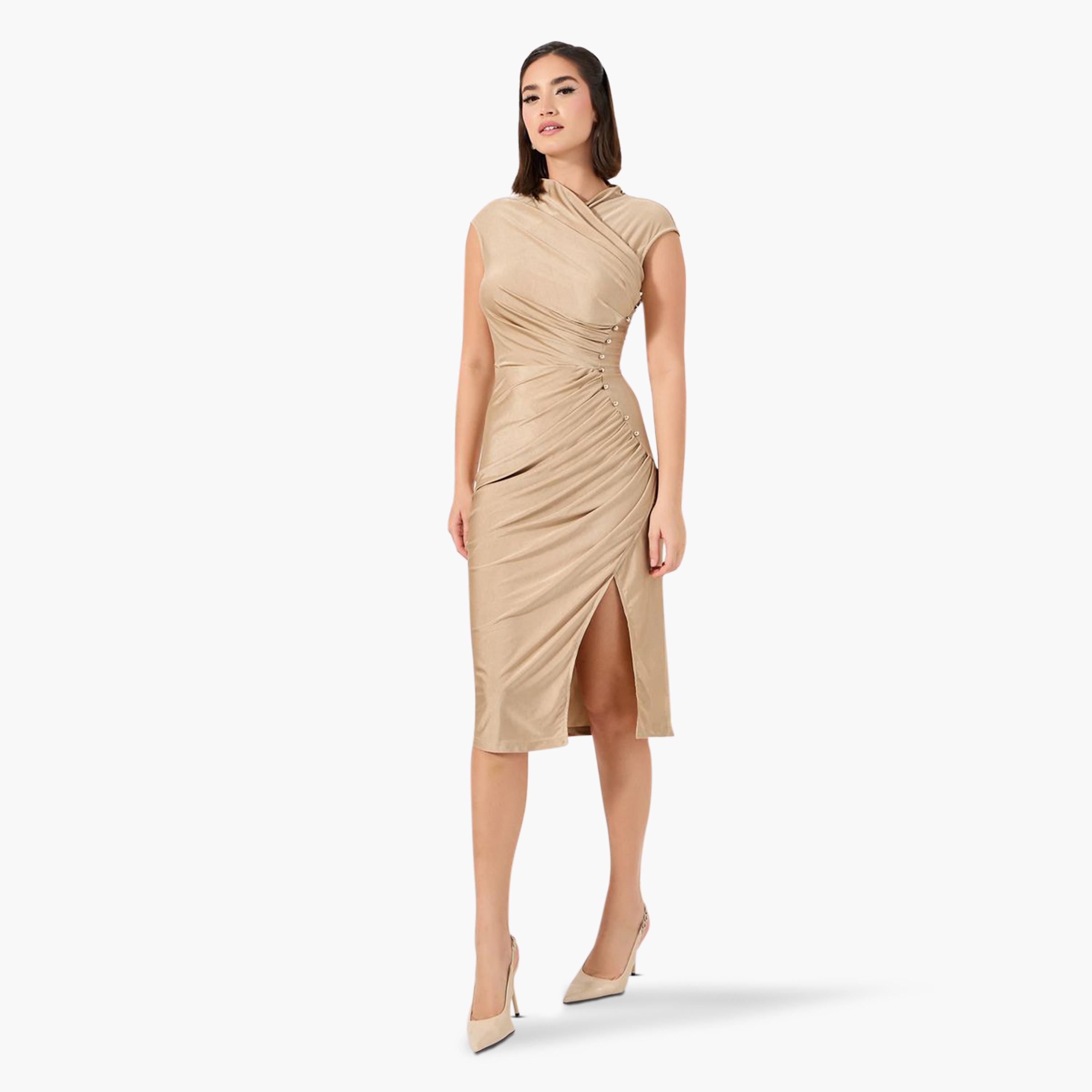 Styli Pleated Bodycon Midi Dress with Button Accent-women-clothing-dresses-image-4