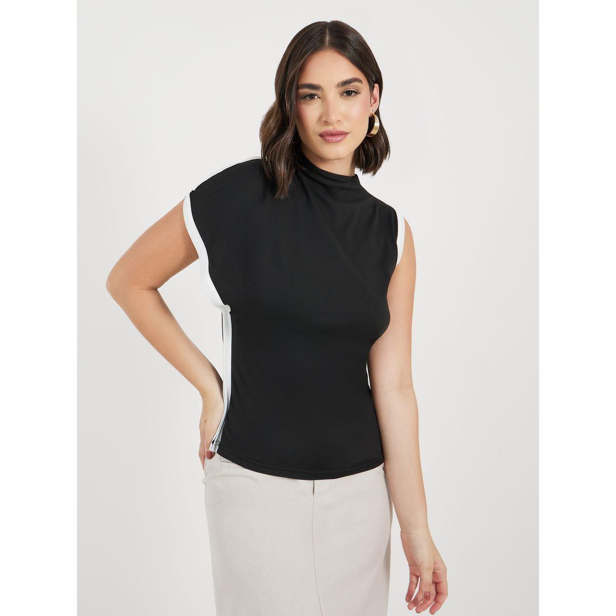 Styli High Neck Contrast Trim Top-women-clothing-shirtsandblouses-blouses-image-1