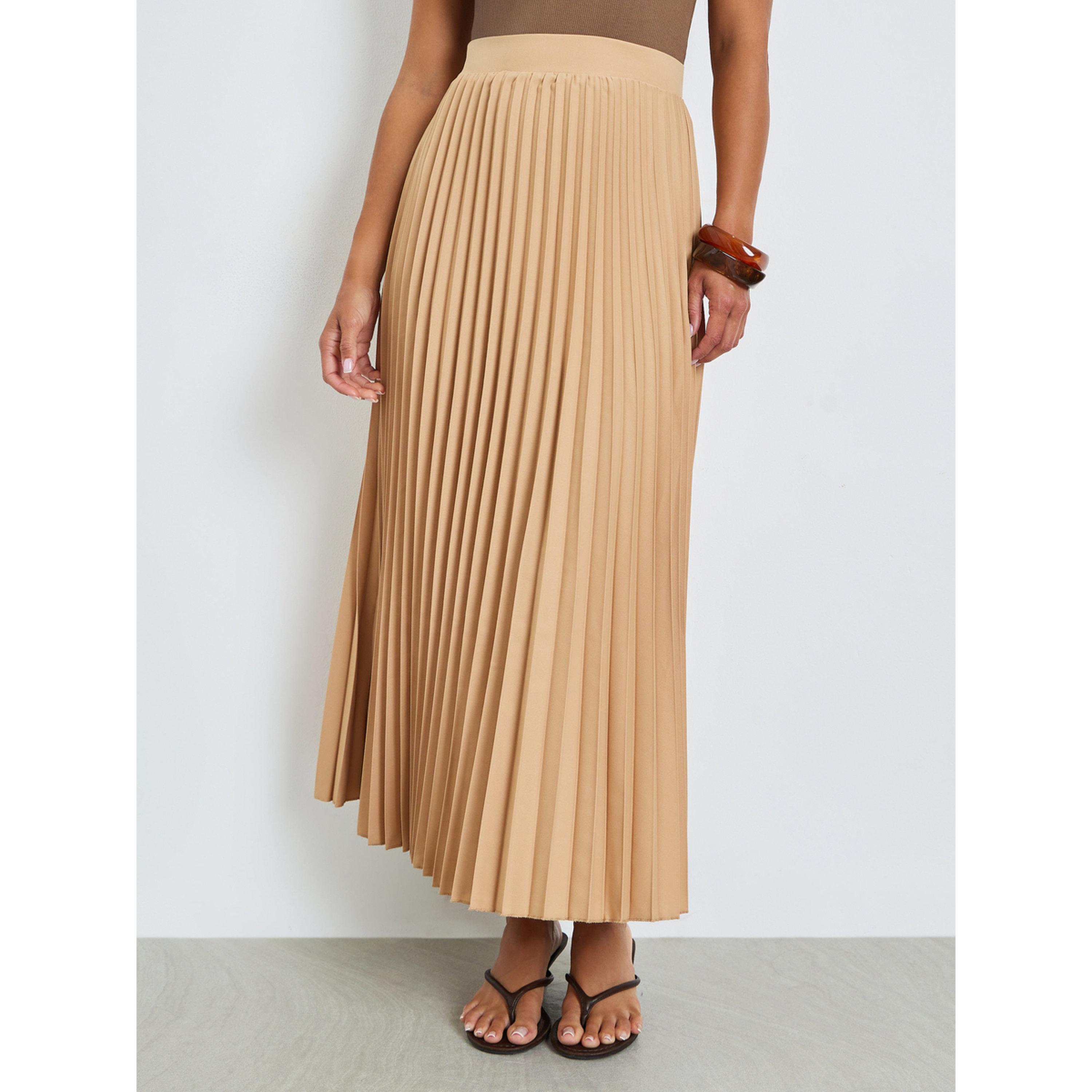 Styli Beige Pleated A-Line Midi Skirt-women-clothing-bottoms-skirts-image-1