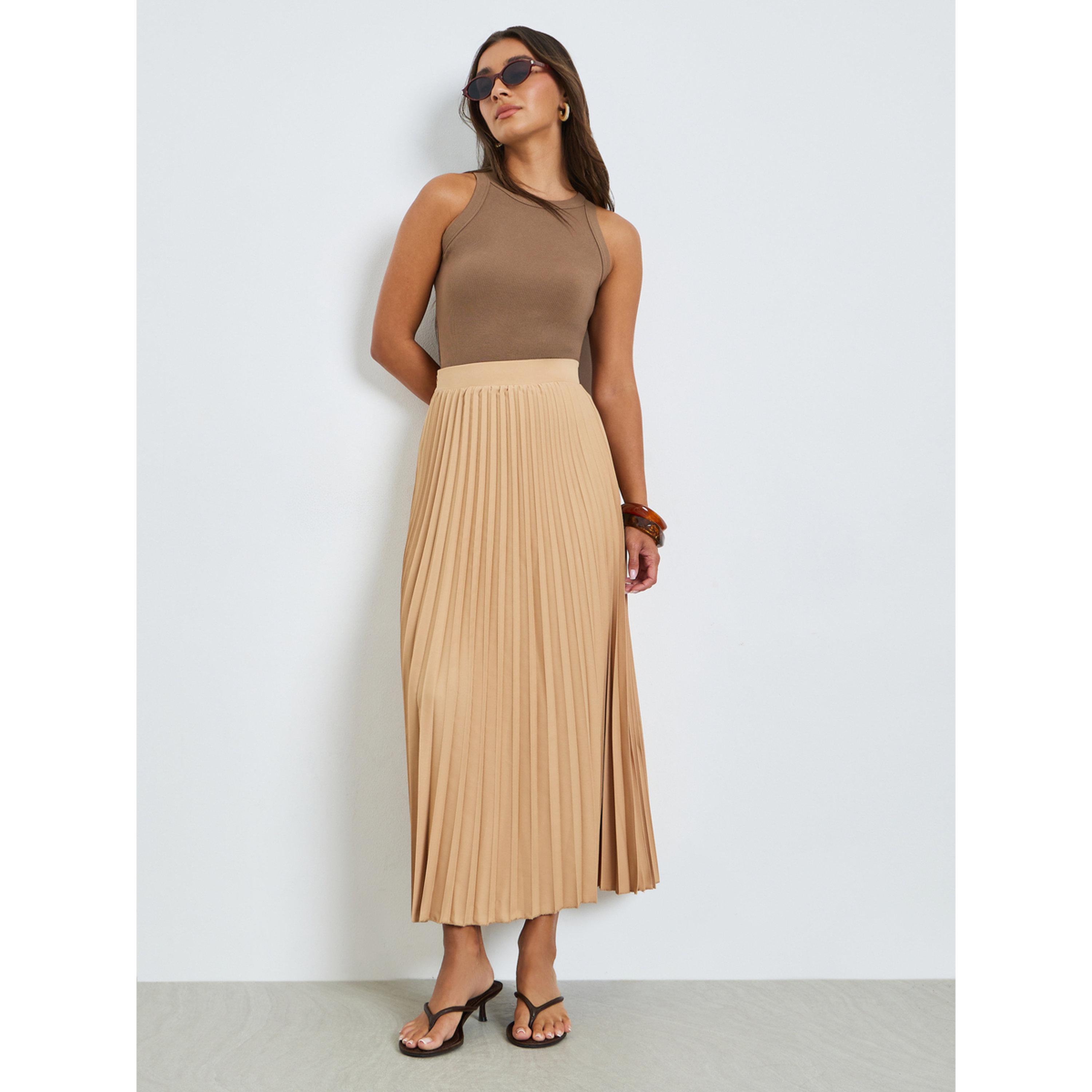 Styli Beige Pleated A-Line Midi Skirt-women-clothing-bottoms-skirts-image-2