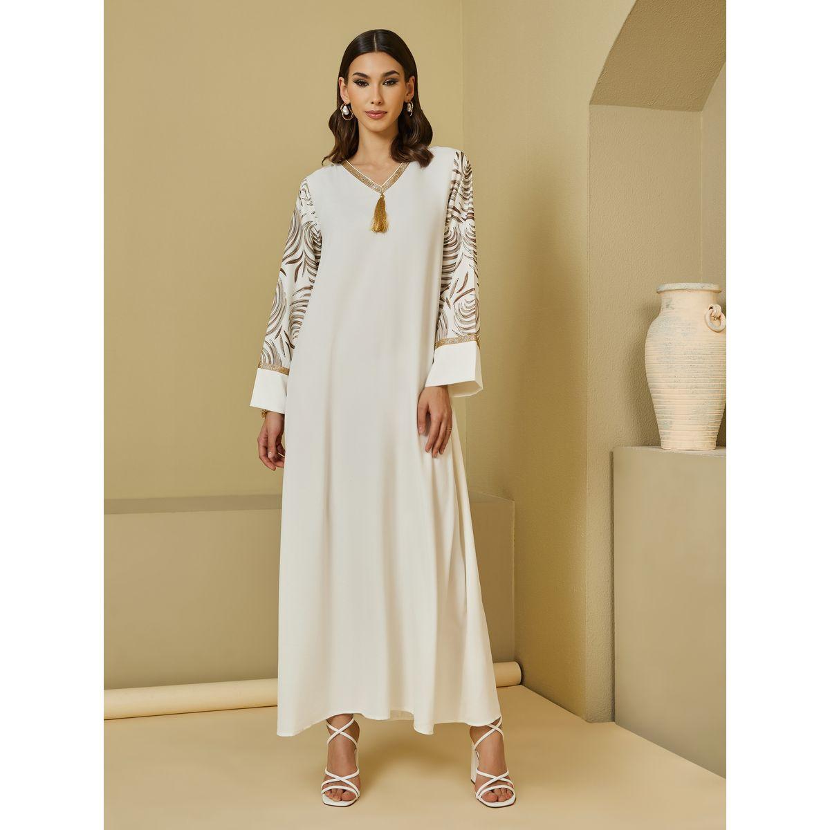 Printed V-Neck Jalabiya with Tassel Detail-women-arabicclothing-jalabiyas-image-1