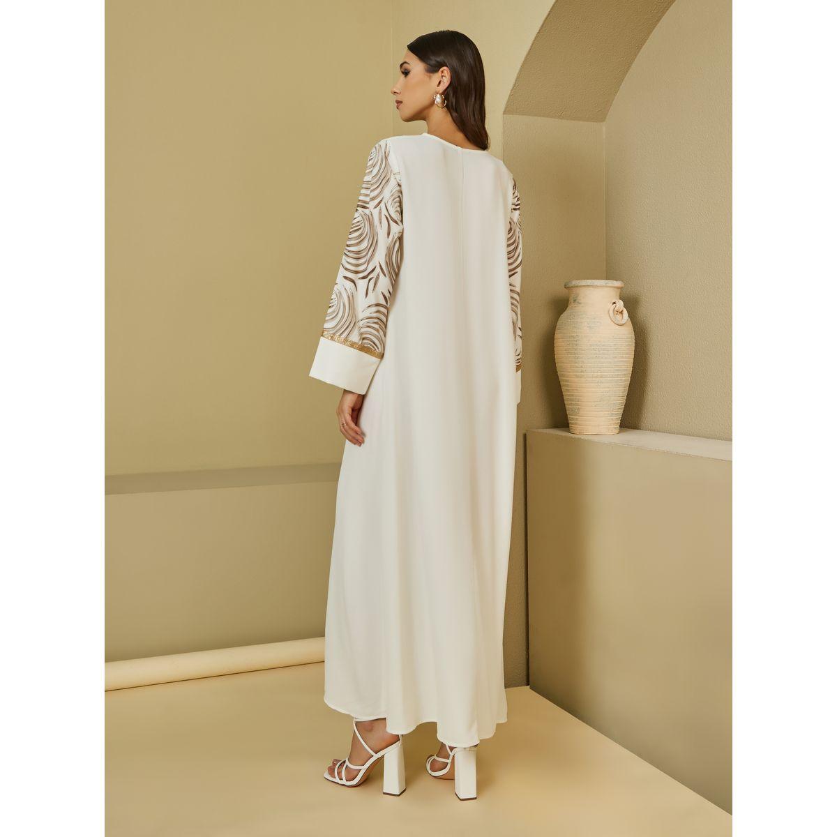 جلابية مطبوعة بفتحة عنق على شكل حرف V مع تفاصيل شرابة-women-arabicclothing-jalabiyas-image-4