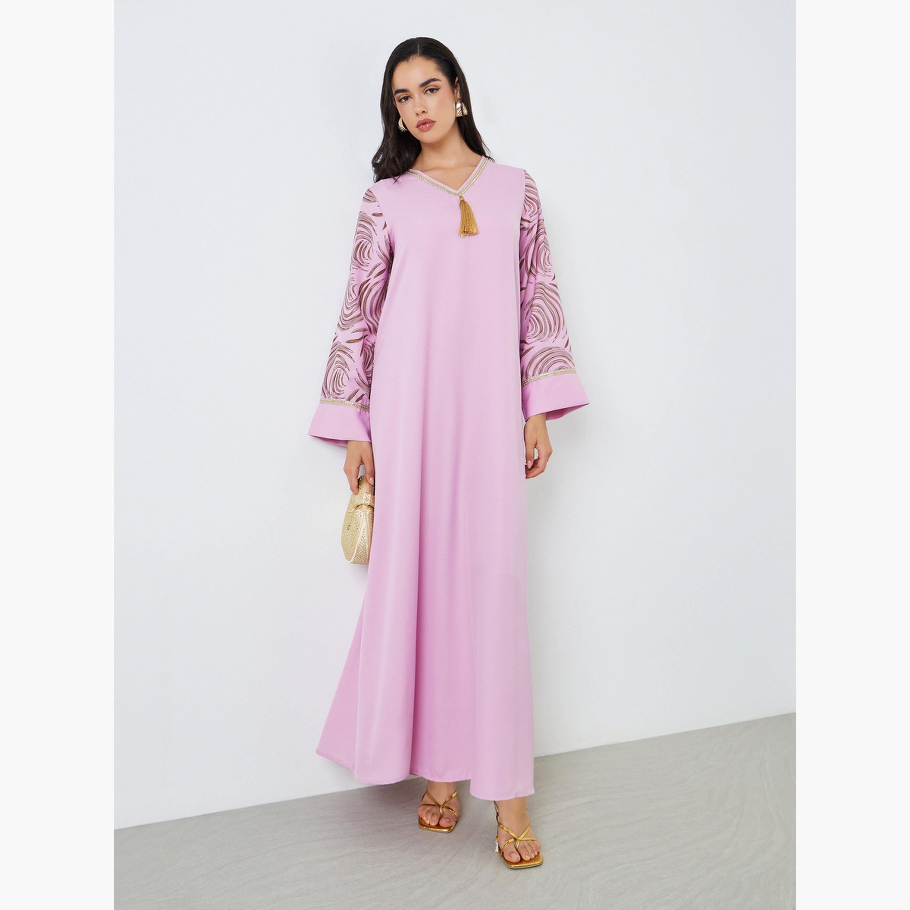 جلابية كريب مطبوعة بحافة واسعة للنساء-women-arabicclothing-jalabiyas-image-1