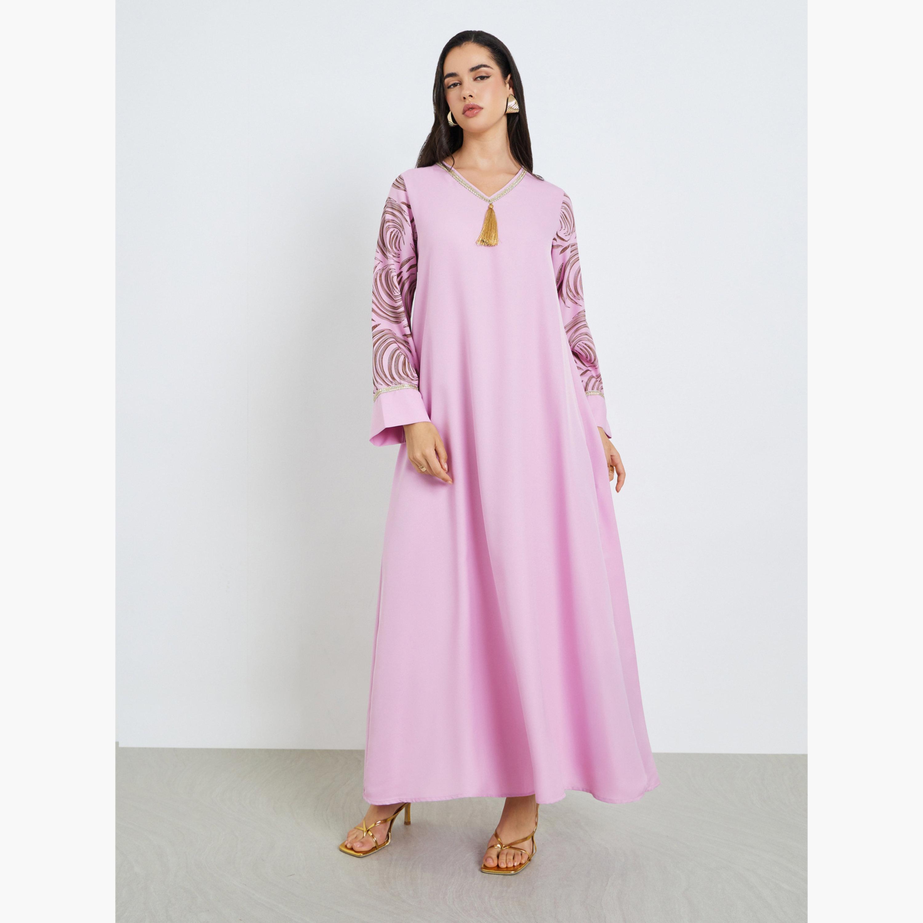 جلابية كريب مطبوعة بحافة واسعة للنساء-women-arabicclothing-jalabiyas-image-3