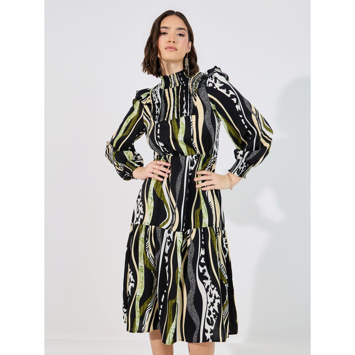 Styli Abstract Print Shirred A-Line Midi Dress-women-clothing-dresses-image-2