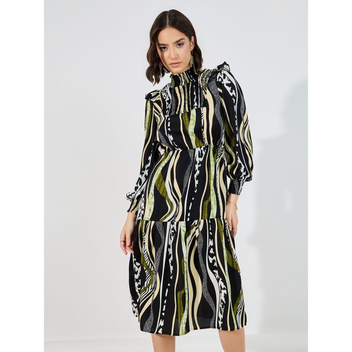 Styli Abstract Print Shirred A-Line Midi Dress-women-clothing-dresses-image-5