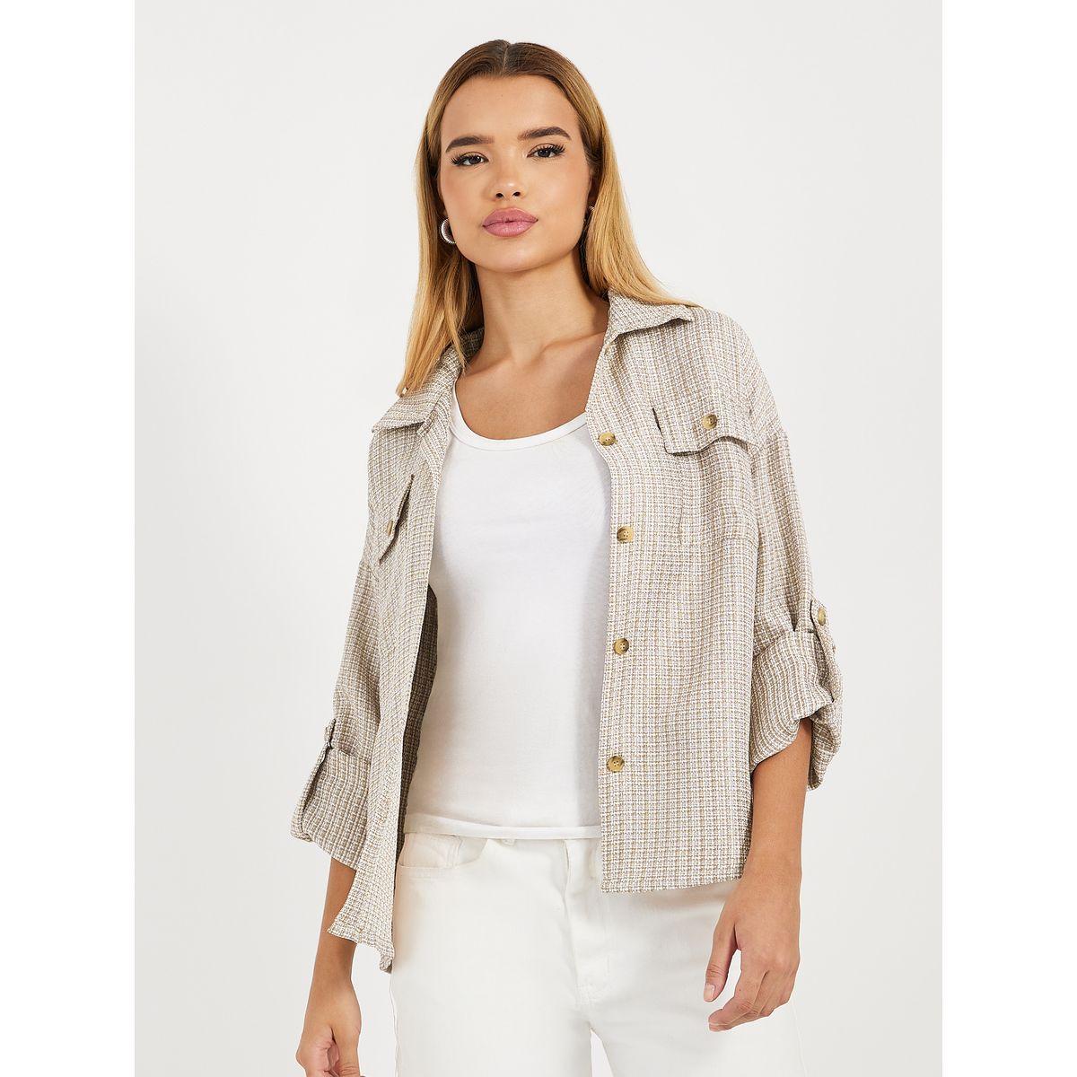 بلوزة تويد بقصة مريحة وأكمام ملفوفة-women-clothing-shirtsandblouses-shirts-image-1