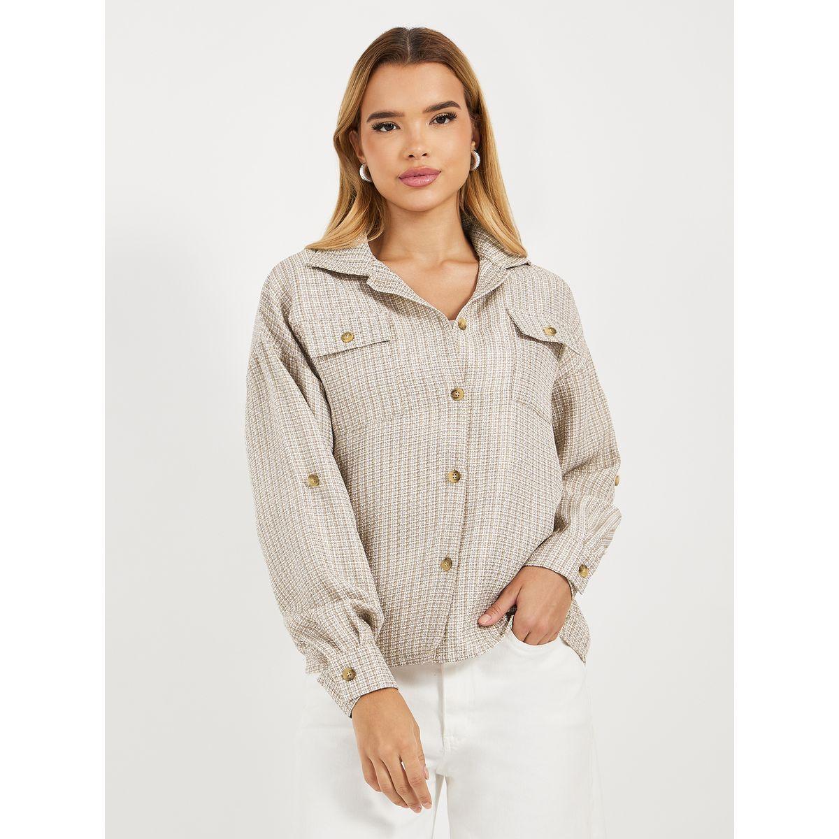 بلوزة تويد بقصة مريحة وأكمام ملفوفة-women-clothing-shirtsandblouses-shirts-image-3