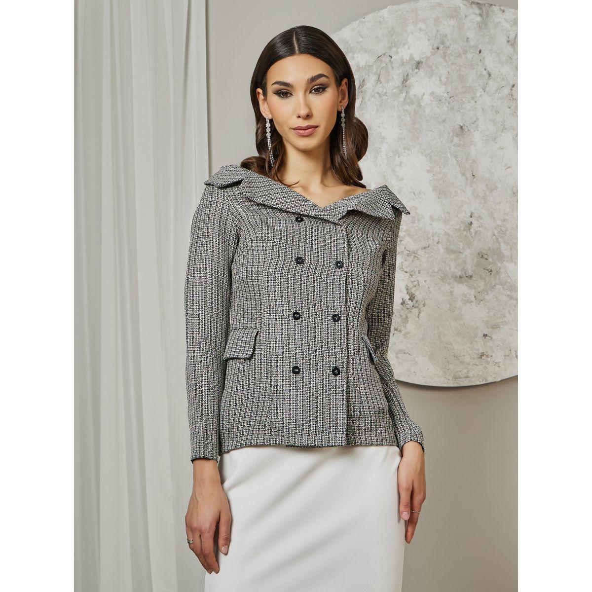 Styli Limited Tweed Houndstooth Print Off Shoulder Blazer with Button Detail-women-clothing-coatsandjackets-blazers-image-1