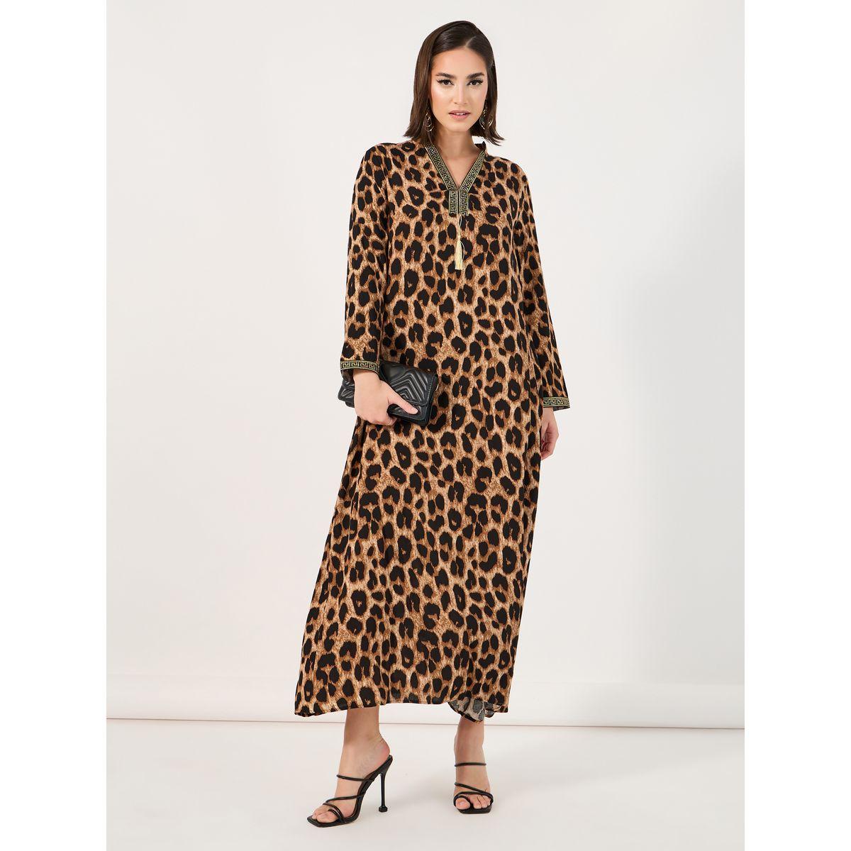 Styli Leopard Print Jalabiya with Lace Trim-women-arabicclothing-jalabiyas-image-1