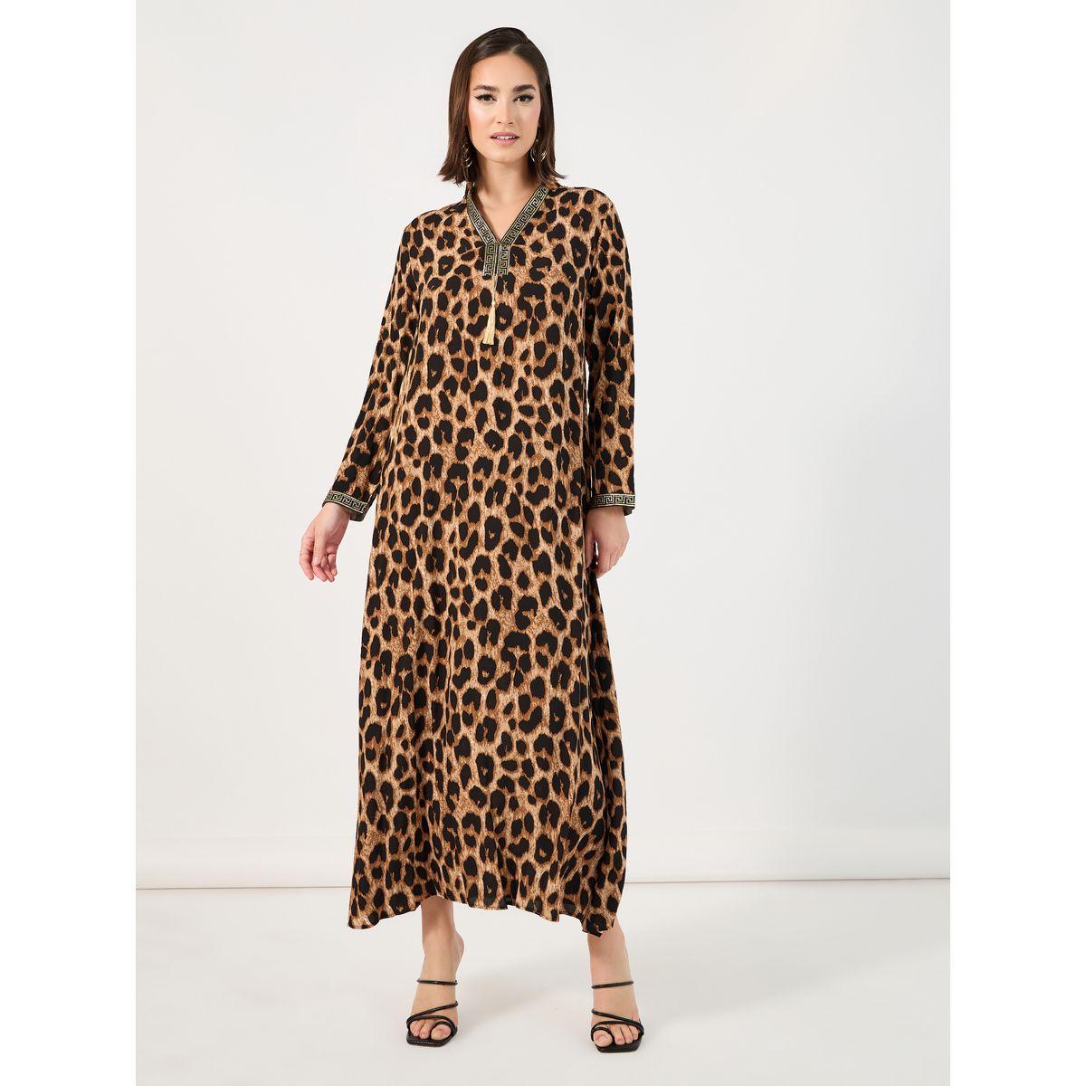Styli Leopard Print Jalabiya with Lace Trim-women-arabicclothing-jalabiyas-image-4