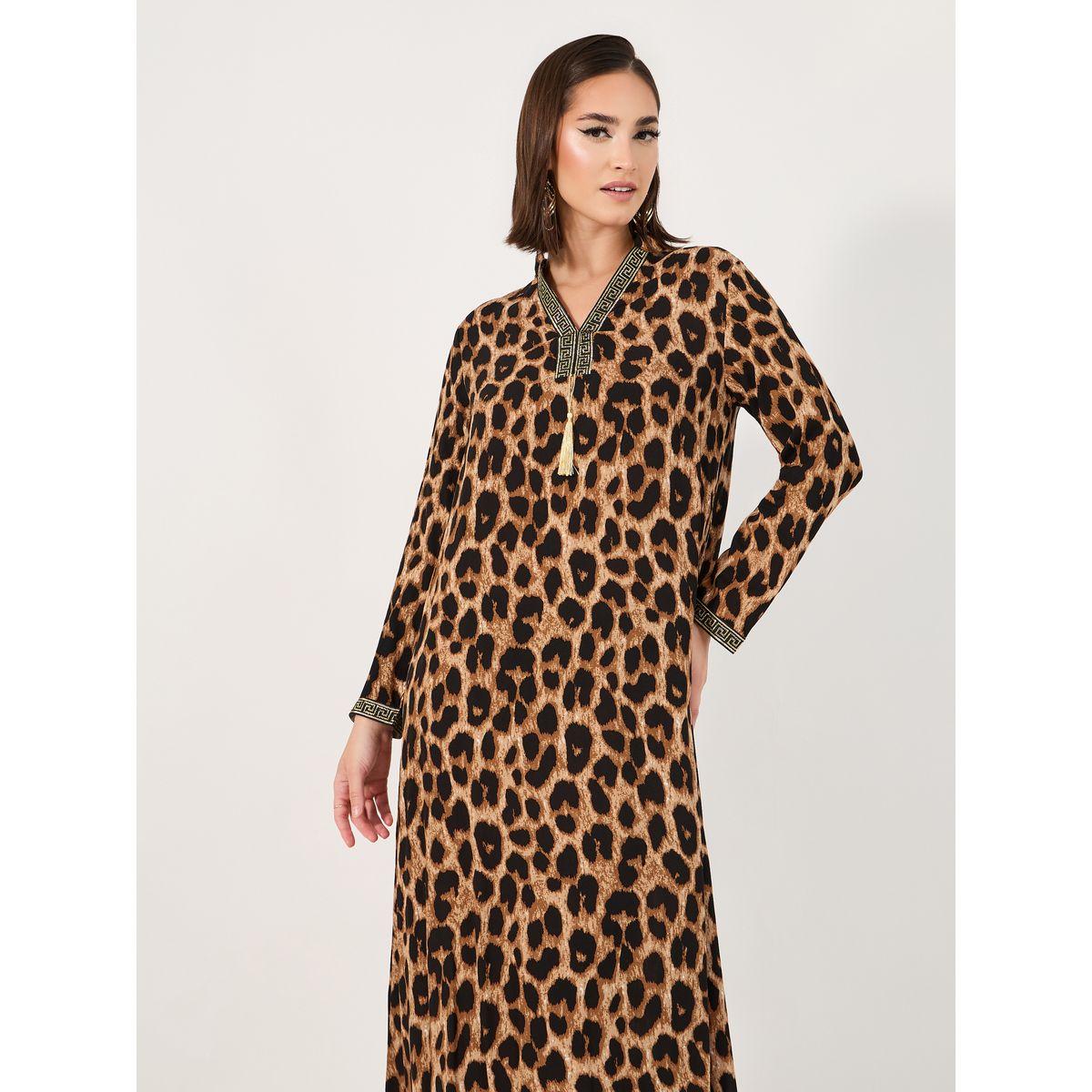 Styli Leopard Print Jalabiya with Lace Trim-women-arabicclothing-jalabiyas-image-5