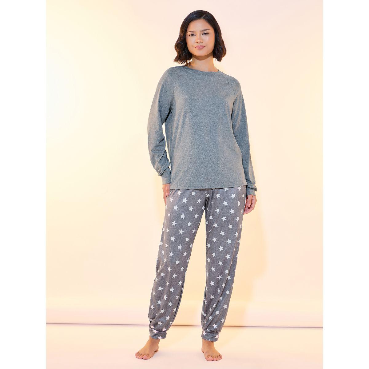 طقم من بنطال بيجاما مع تيشيرت سادة بأكمام طويلة-women-clothing-nightwear-pyjamas-longsets-image-1