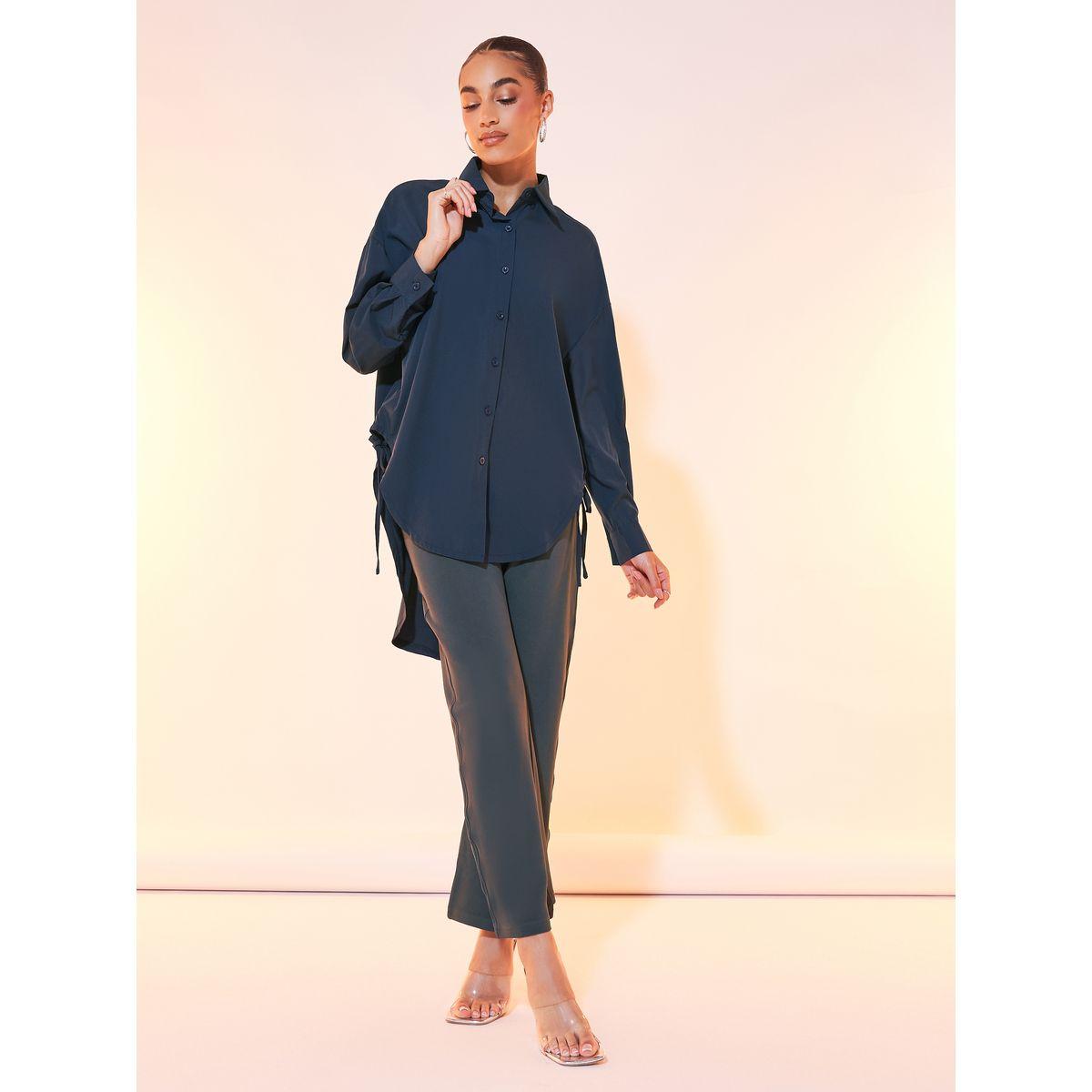 Styli Solid Long Sleeve Shirt with Dropped Shoulder & Tie Detail-women-clothing-shirtsandblouses-shirts-image-2