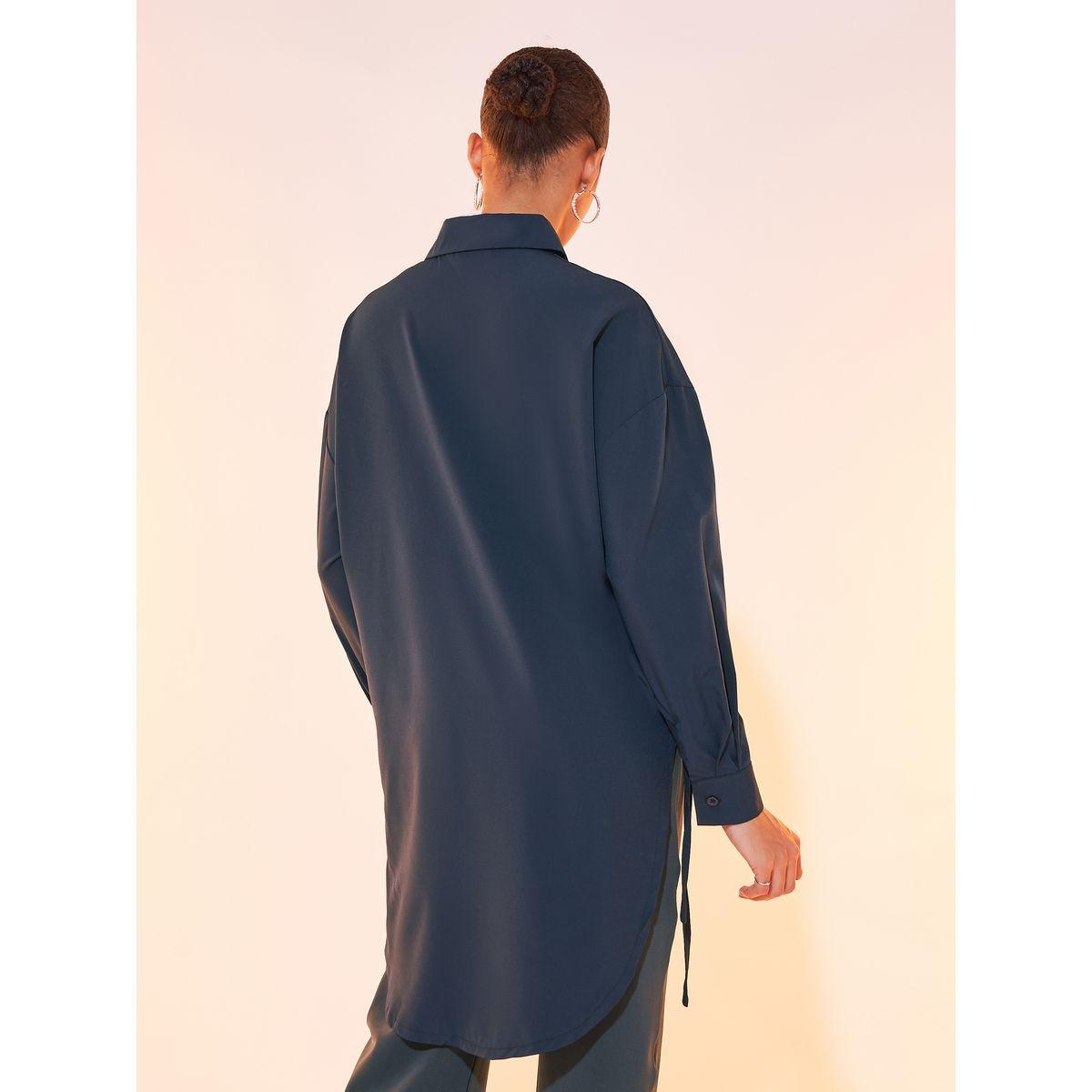 Styli Solid Long Sleeve Shirt with Dropped Shoulder & Tie Detail-women-clothing-shirtsandblouses-shirts-image-4